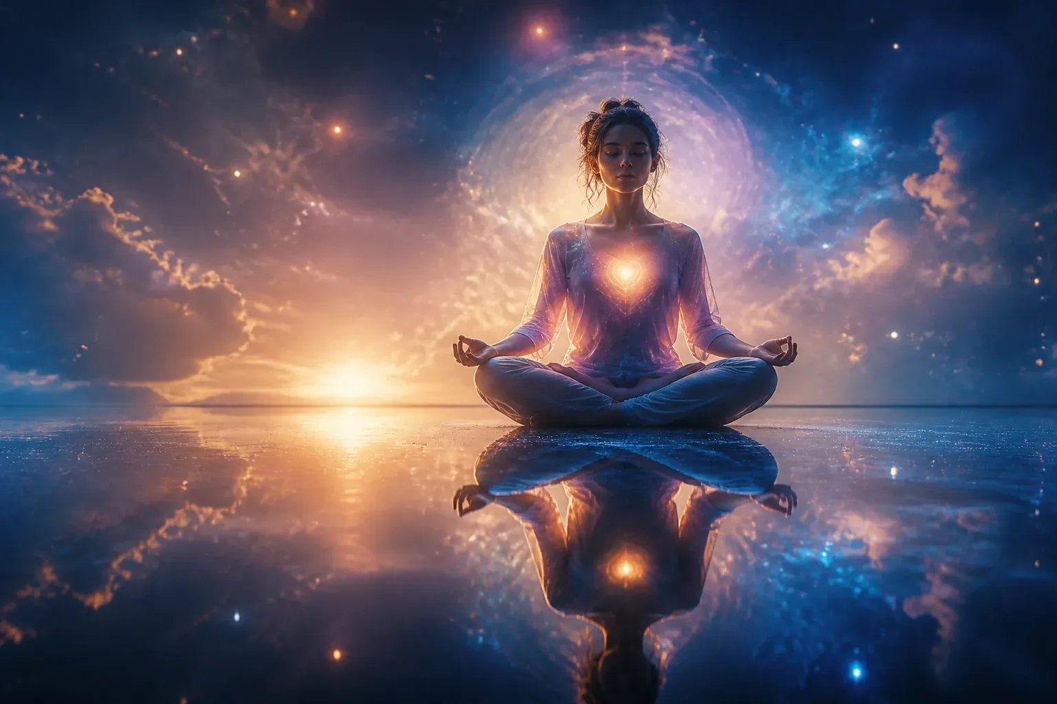 Meditating woman with glowing heart sits on reflective water beneath a cosmic sunset