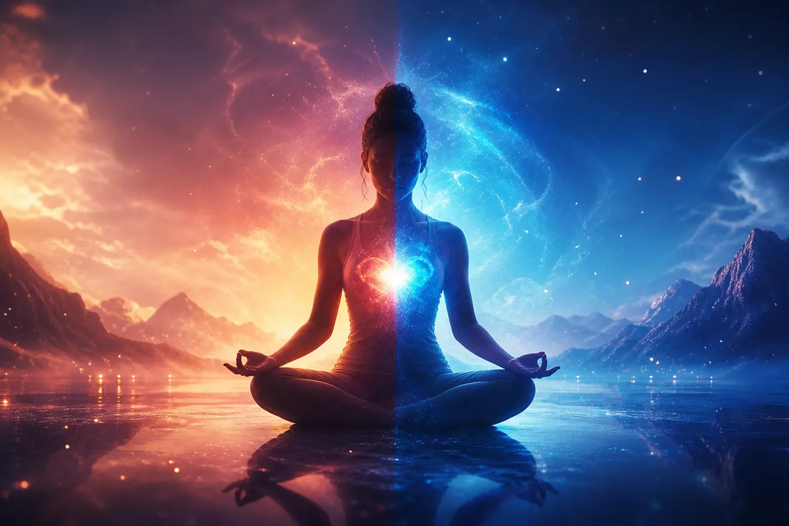 Silhouetted woman meditating by a lake, glowing heart, split sunset and starry blue mountain sky