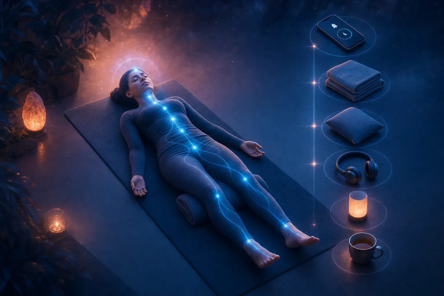 Woman meditating on a yoga mat with glowing chakras, surrounded by wellness gear and candles