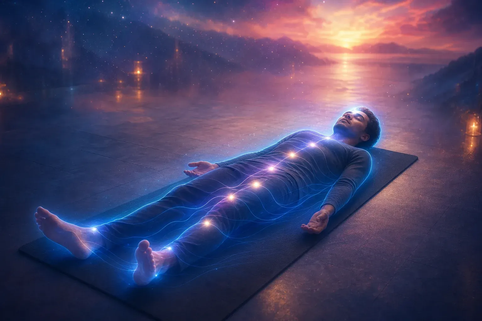 Man lying on a yoga mat with glowing energy lines under a vivid sunset sky
