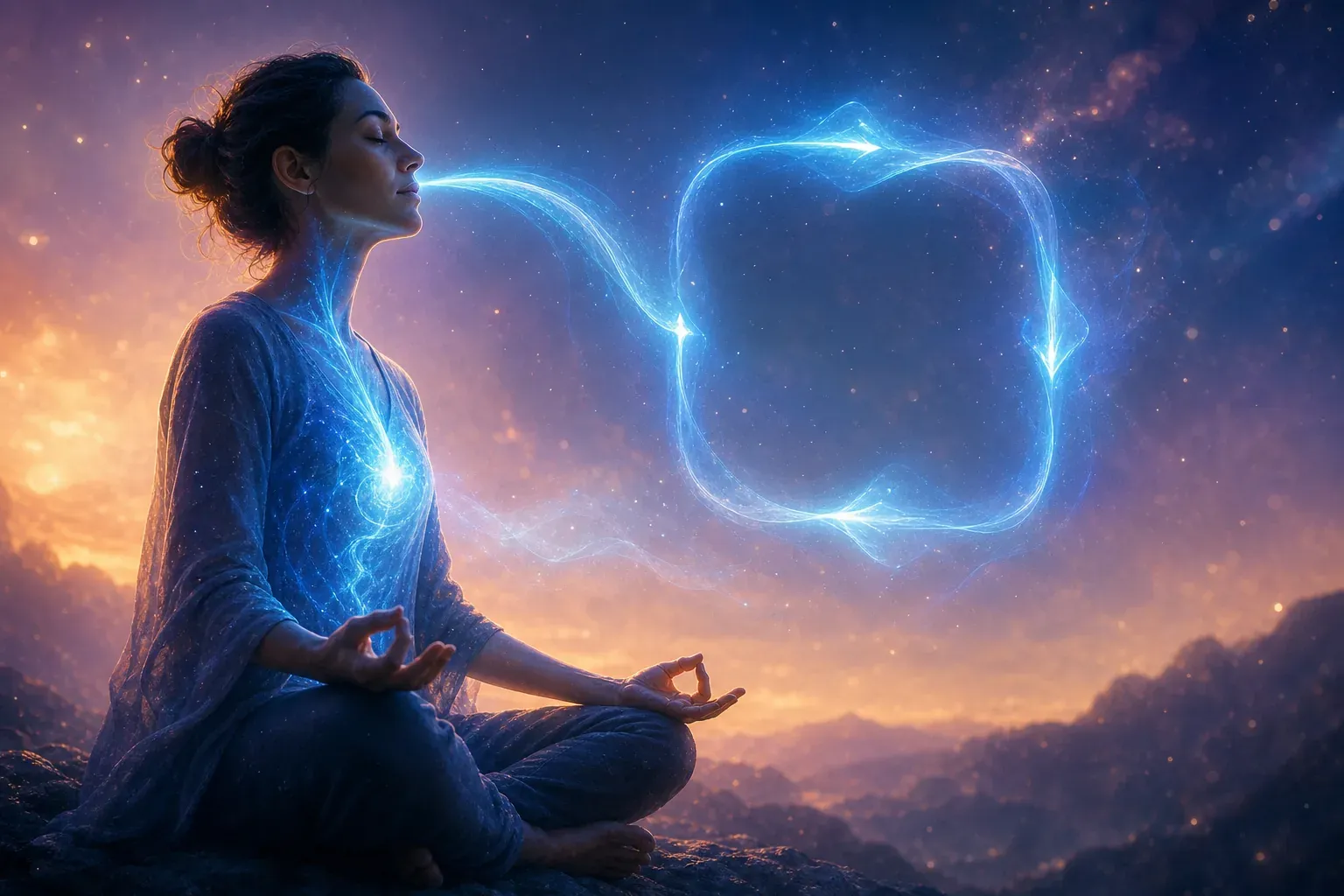 Woman meditating on a mountain as glowing blue energy forms an apple shape in a starry sky