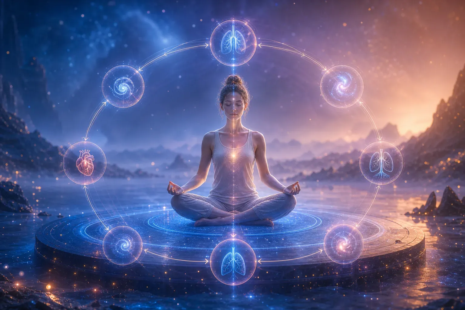 Meditating woman on a glowing platform encircled by organ icons over a cosmic mountain lake