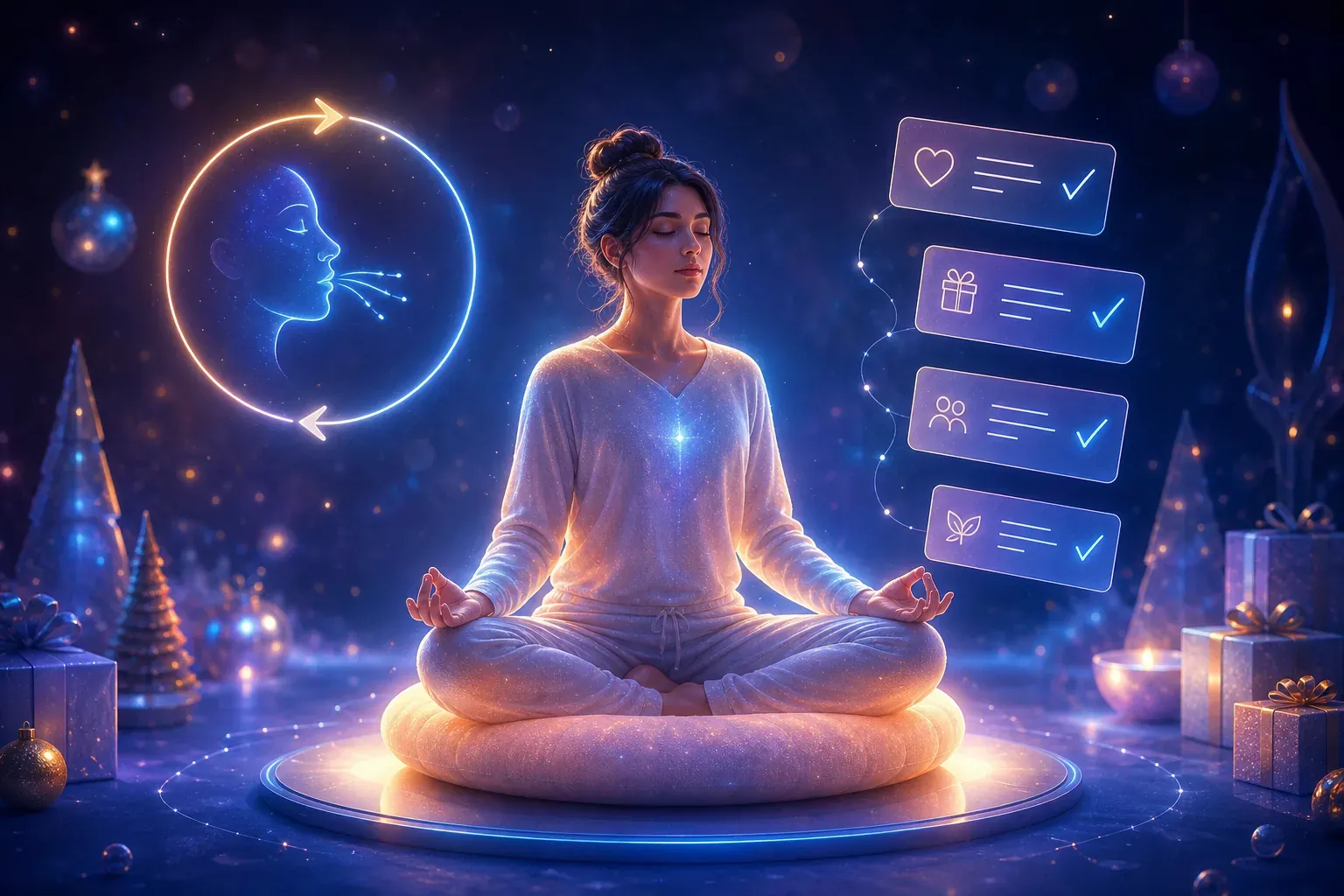 Woman meditating on a glowing cushion with AI profile and checklist icons in a festive cosmic scene
