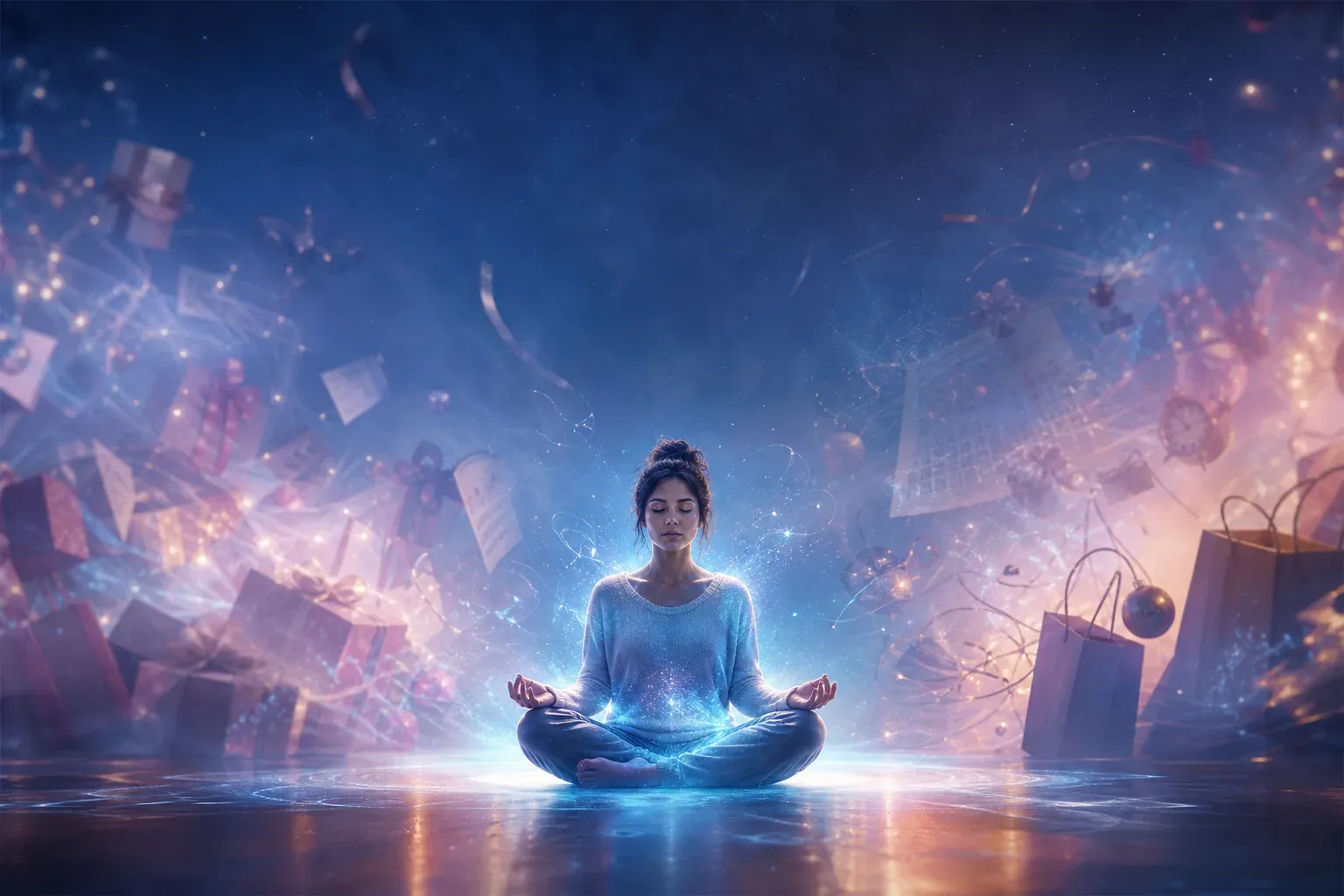 Woman meditating in glowing blue light amid swirling magical holiday decorations and shopping bags