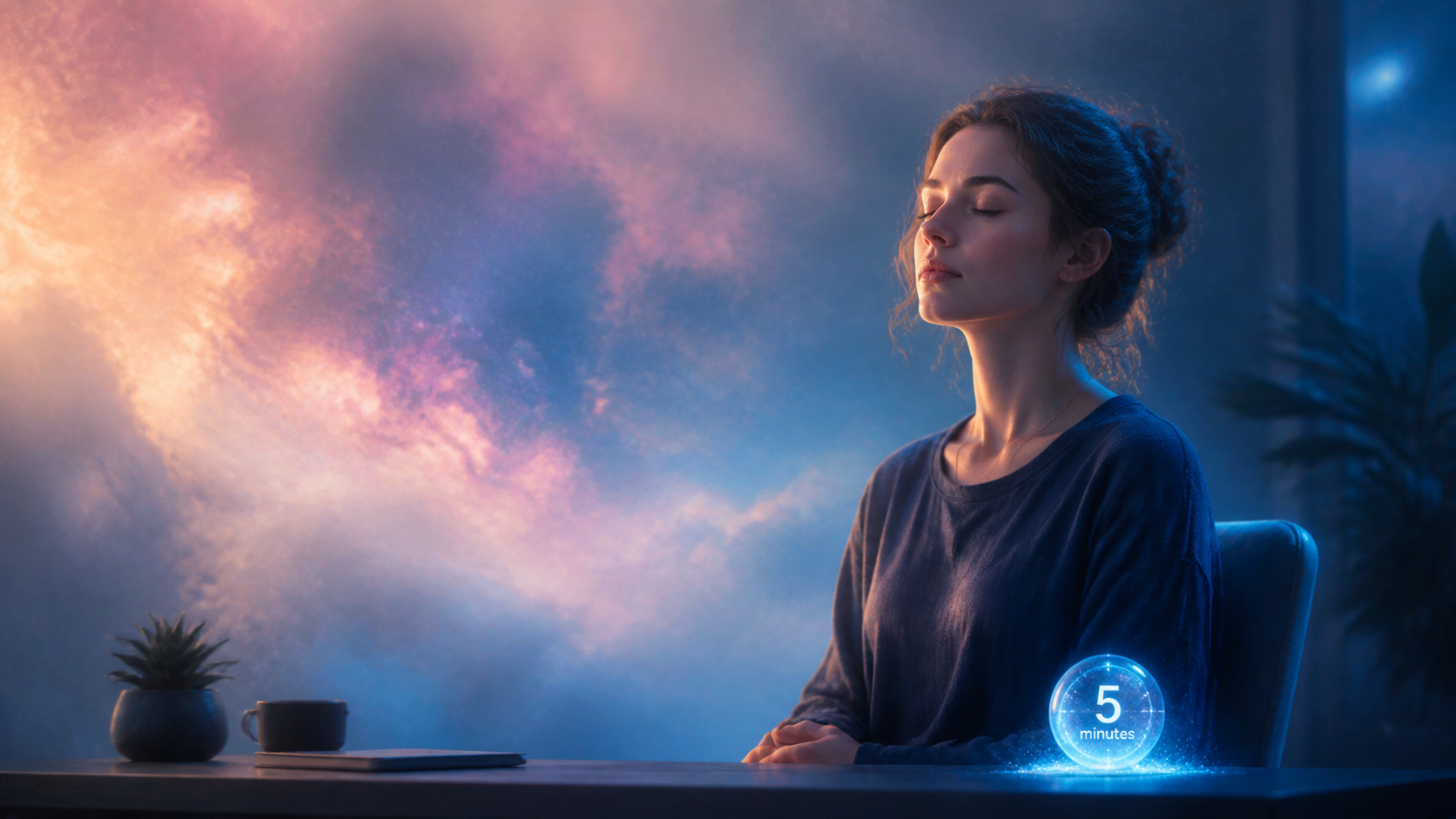 Woman meditating at a desk beside a glowing 5-minute timer, with colorful cosmic mist in the background