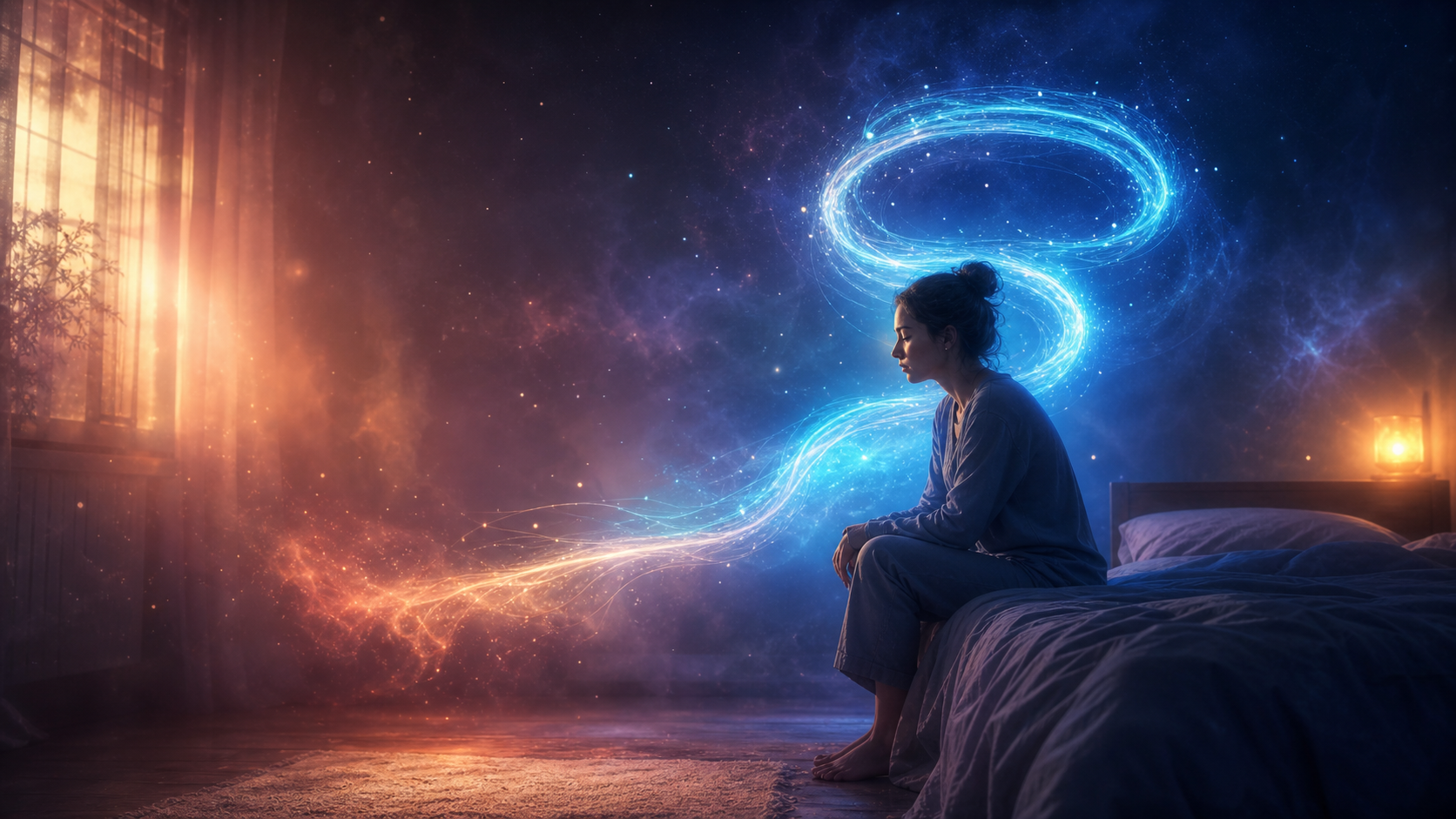 A woman sits on a bed as glowing blue and orange light trails swirl through a dreamy bedroom