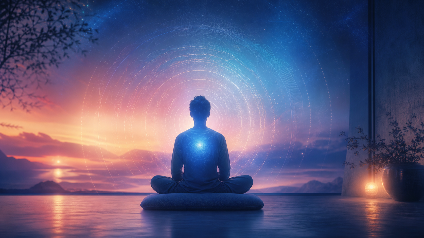 Person meditating on a cushion at sunset, glowing blue heart, ocean view, swirling starry sky