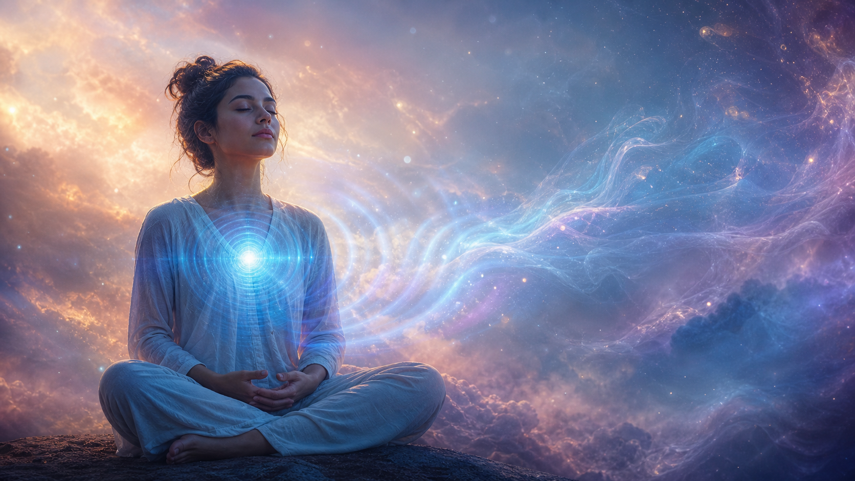 Woman meditating cross-legged with glowing heart amid swirling cosmic clouds