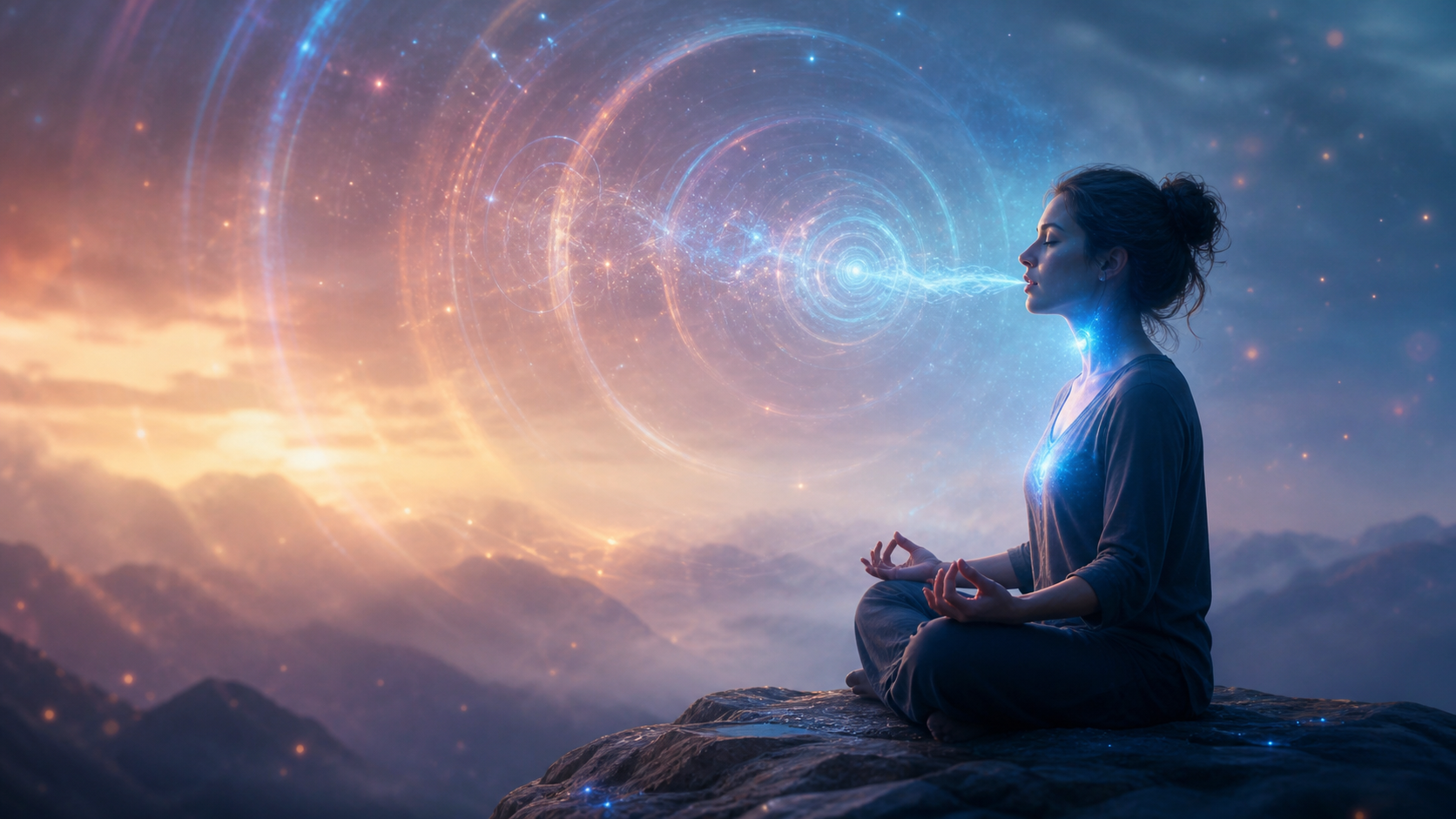 Woman meditating on a mountain at sunset with a glowing cosmic spiral in the sky