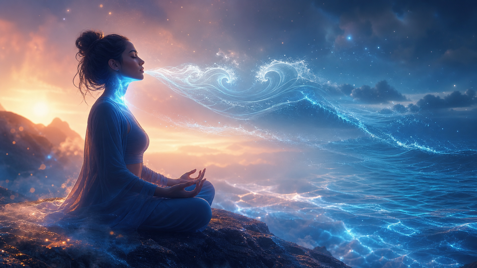 Woman meditating by a glowing ocean, breathing a swirling stream of light at sunset