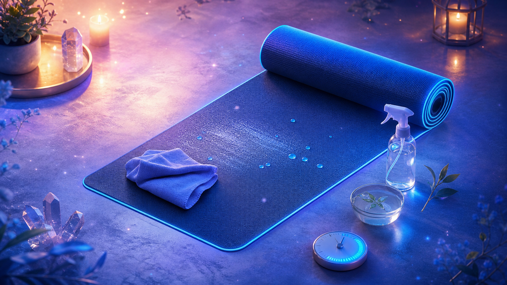 Blue yoga mat with towel, spray bottle, candles and crystals in a glowing spa setting