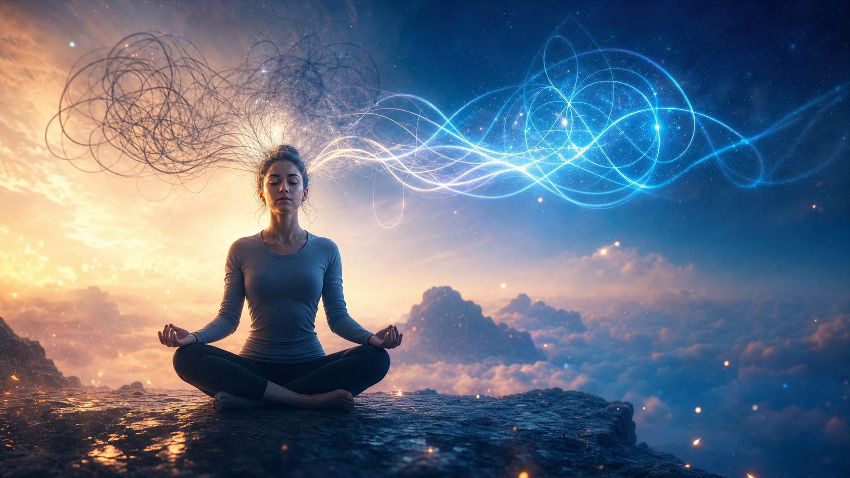 Woman meditating on a cliff at sunset with glowing light trails and tangled thoughts in the sky