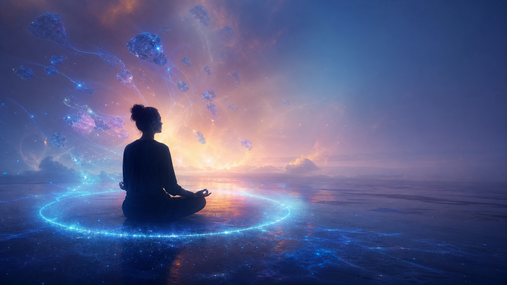 Silhouette meditating on a glowing blue ring beneath a cosmic sky with floating islands and a radiant horizon