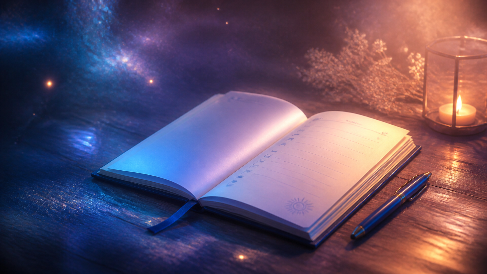 Open planner on a wooden desk with a pen, candlelight, and dreamy blue-purple starry glow