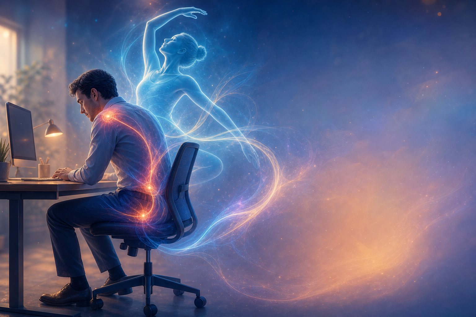 Man working at a desk as glowing light trails form a ballerina behind him in a dreamy blue room