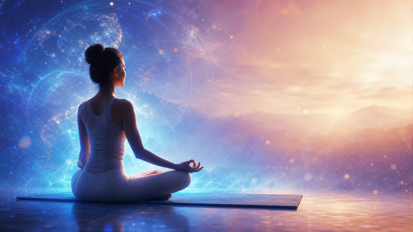 Woman meditating on a mat by tranquil water beneath a cosmic blue aura and golden sunrise
