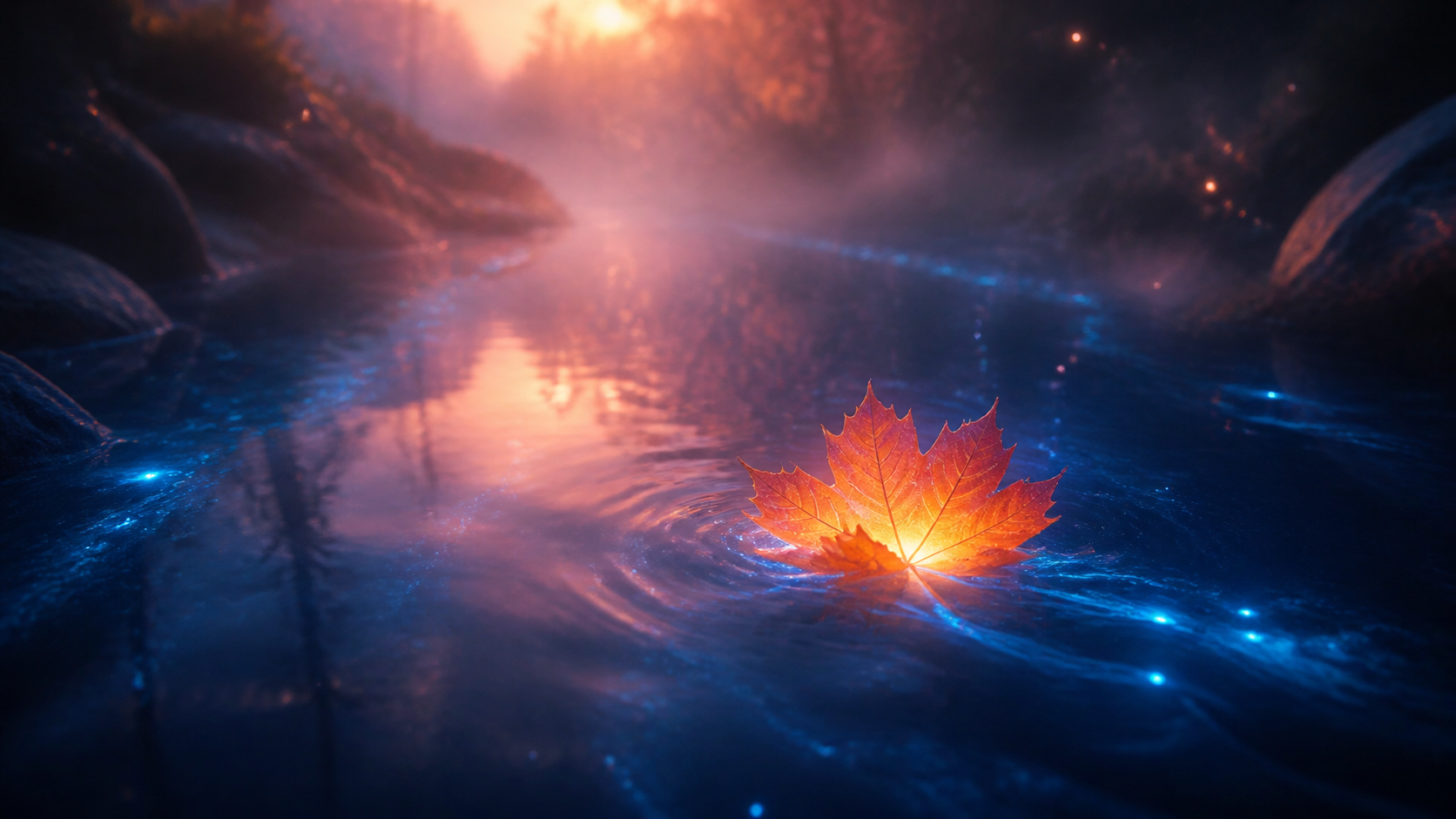Glowing orange maple leaf floating on a dark blue river at sunset with mist and rocks