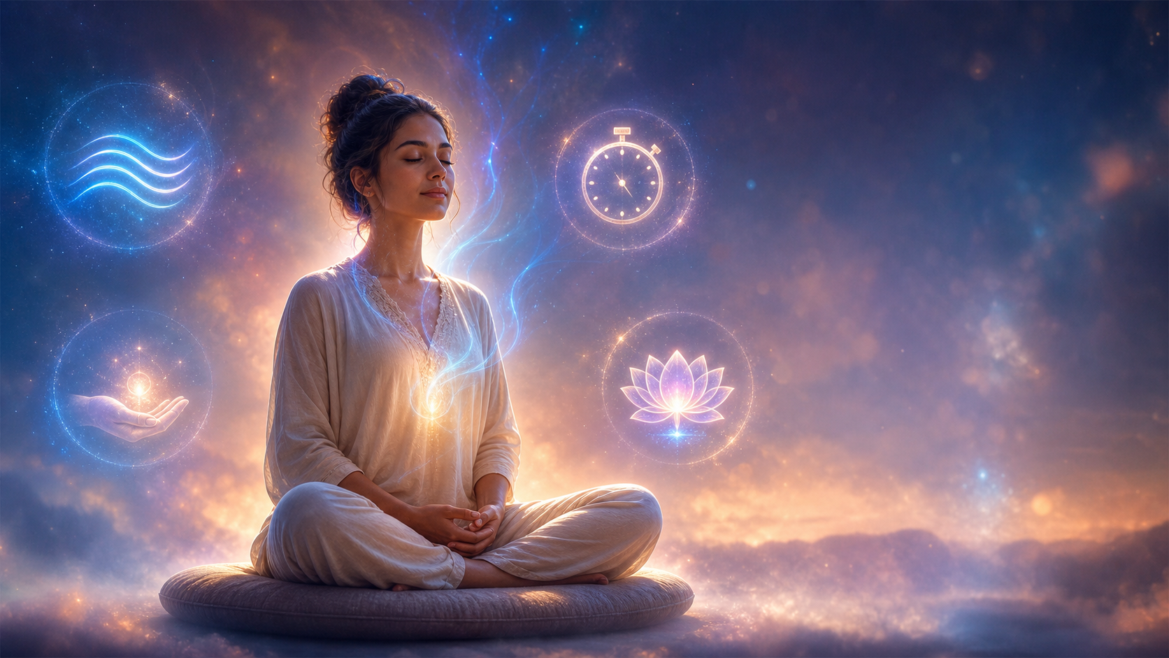 Woman meditating at sunset with glowing chakras and spiritual symbols in a cosmic landscape