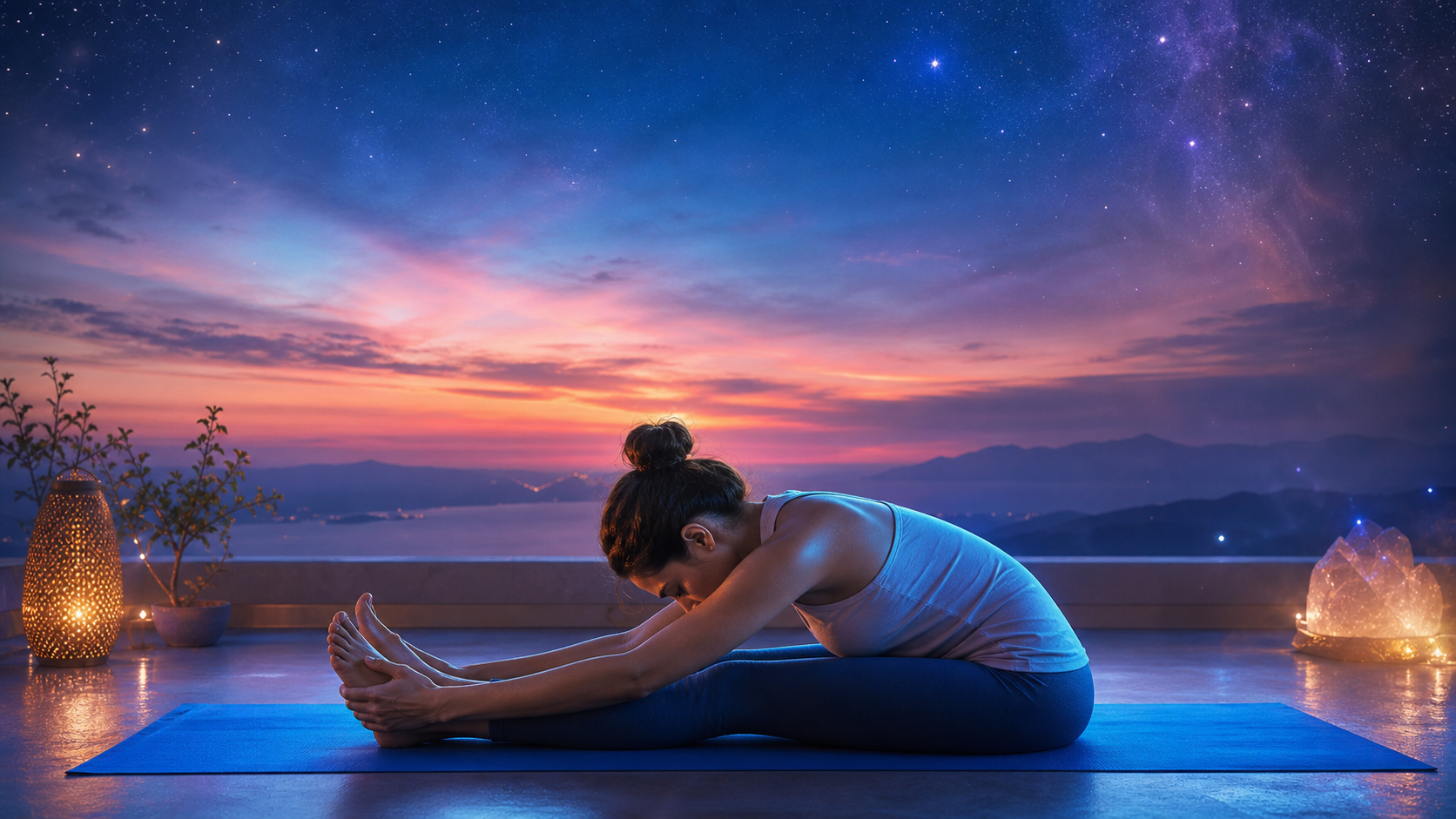 Woman stretching on a yoga mat at sunset under a starry sky with mountains and glowing lanterns