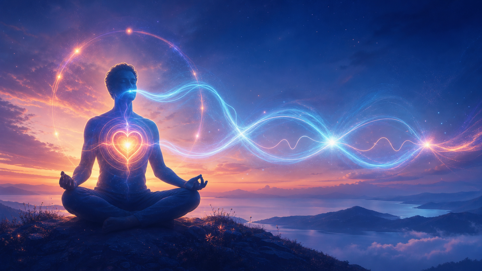 Glowing meditator with heart chakra beneath a luminous DNA-like energy wave over a sunset mountain landscape