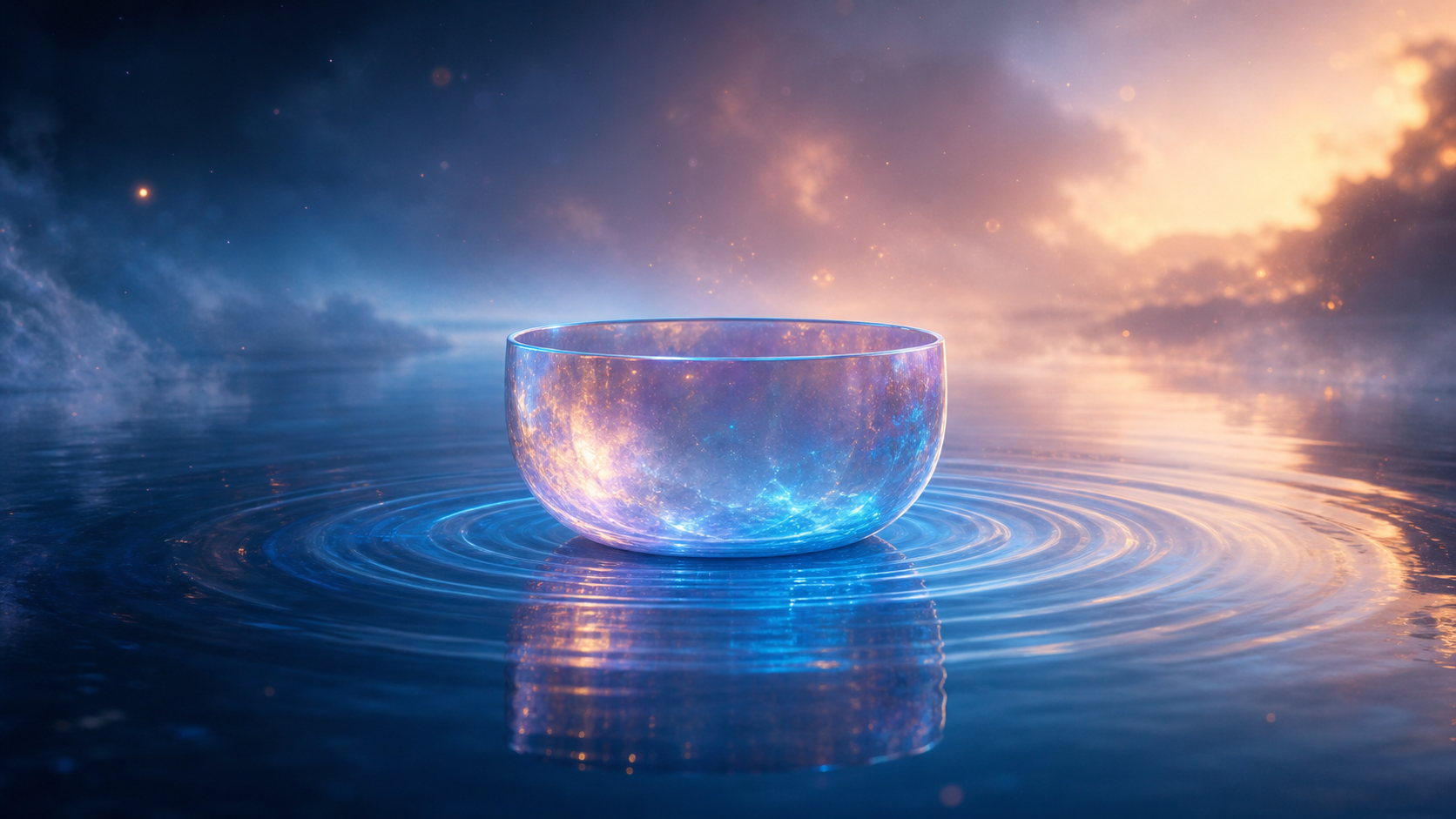 Glowing crystal singing bowl floating on rippling water under a starry sunset sky