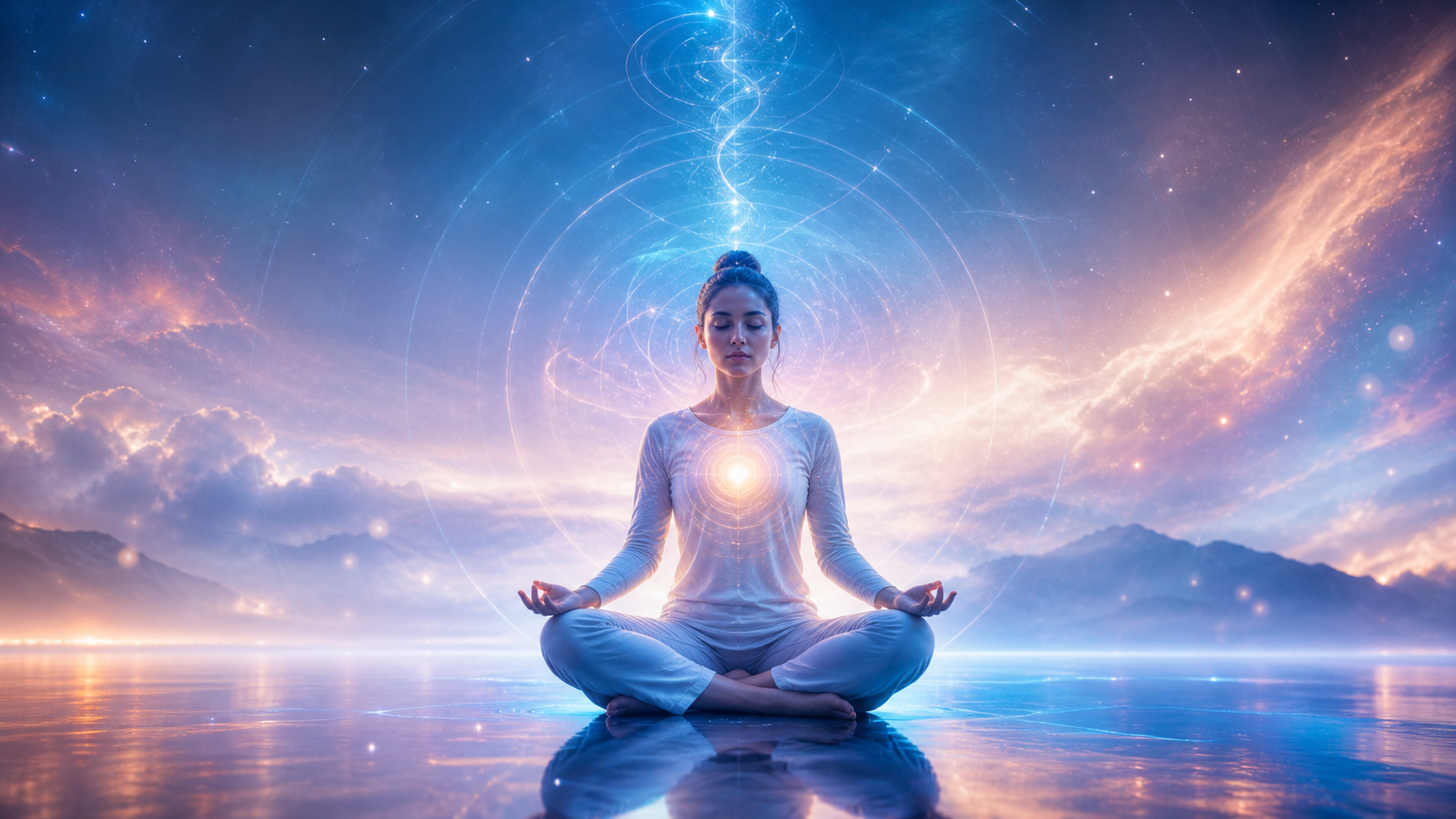 Meditating woman glowing with cosmic energy on a reflective lake beneath a starry sky