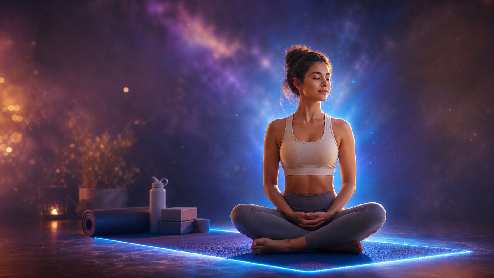Woman meditating on a glowing yoga mat with blocks and bottle in a colorful cosmic studio