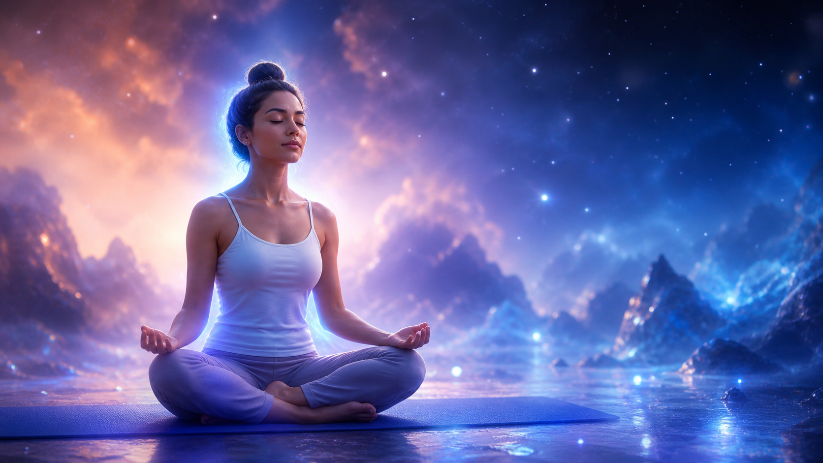 Woman meditating cross-legged on a mat under a starry cosmic sky with glowing mountains and water