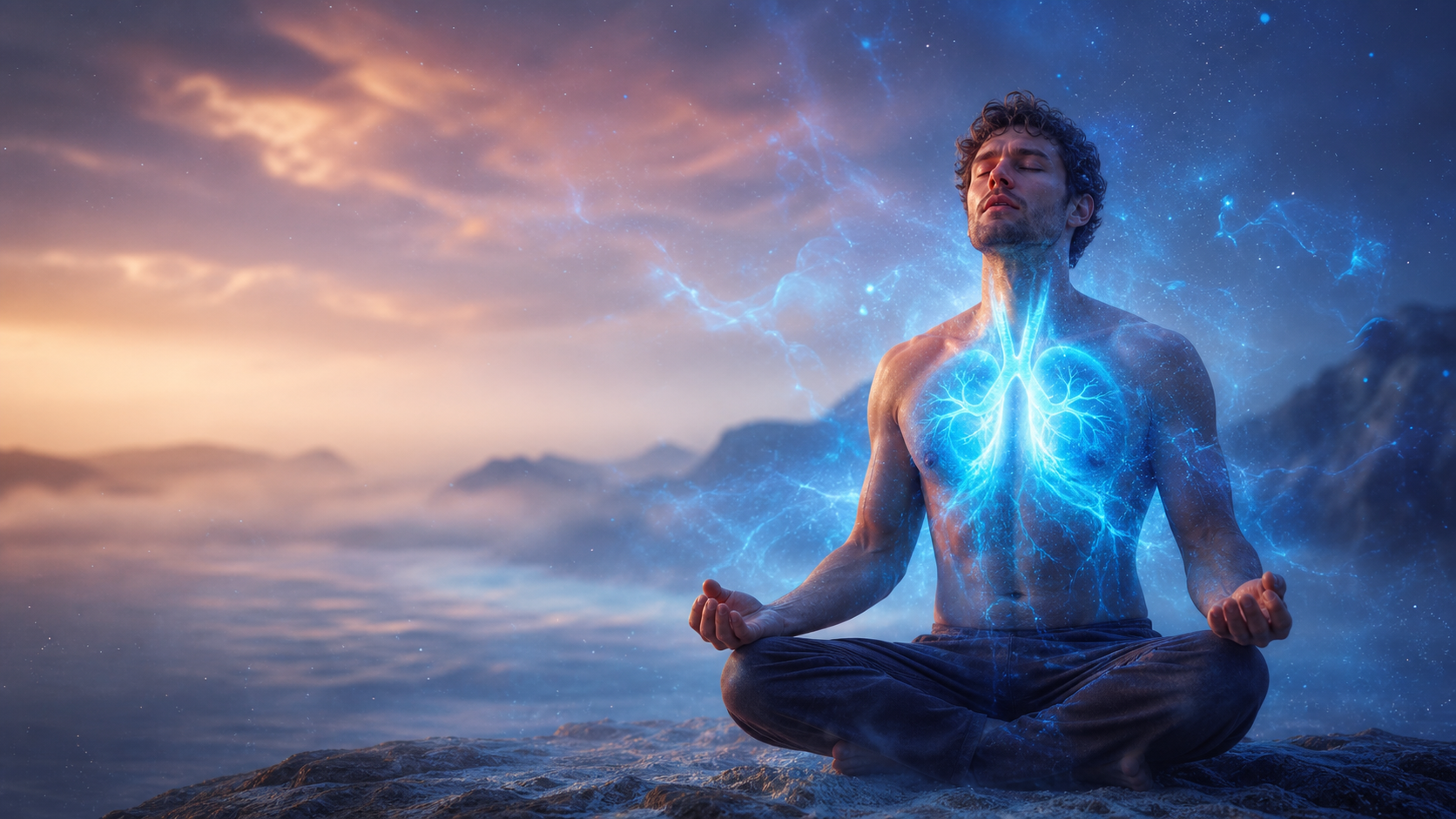 Man meditating on a mountain at dawn with glowing blue energy in his chest and starry sky