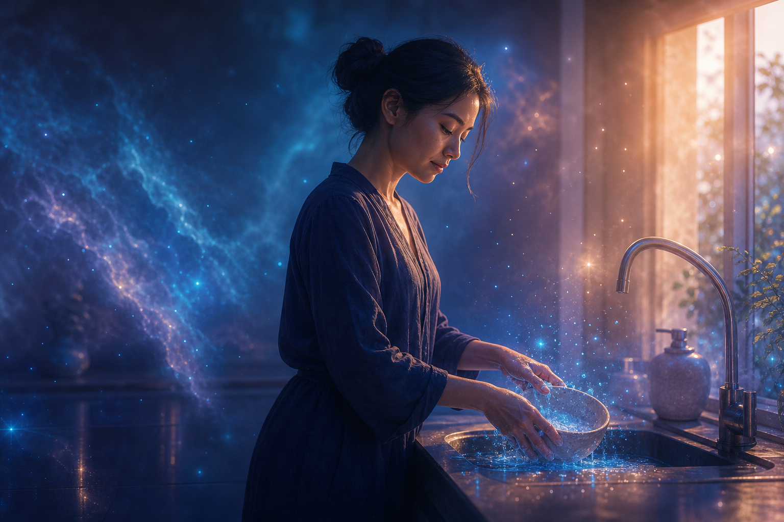 Woman washing a glowing bowl at a sink beside a window, with a starry cosmic sky behind her