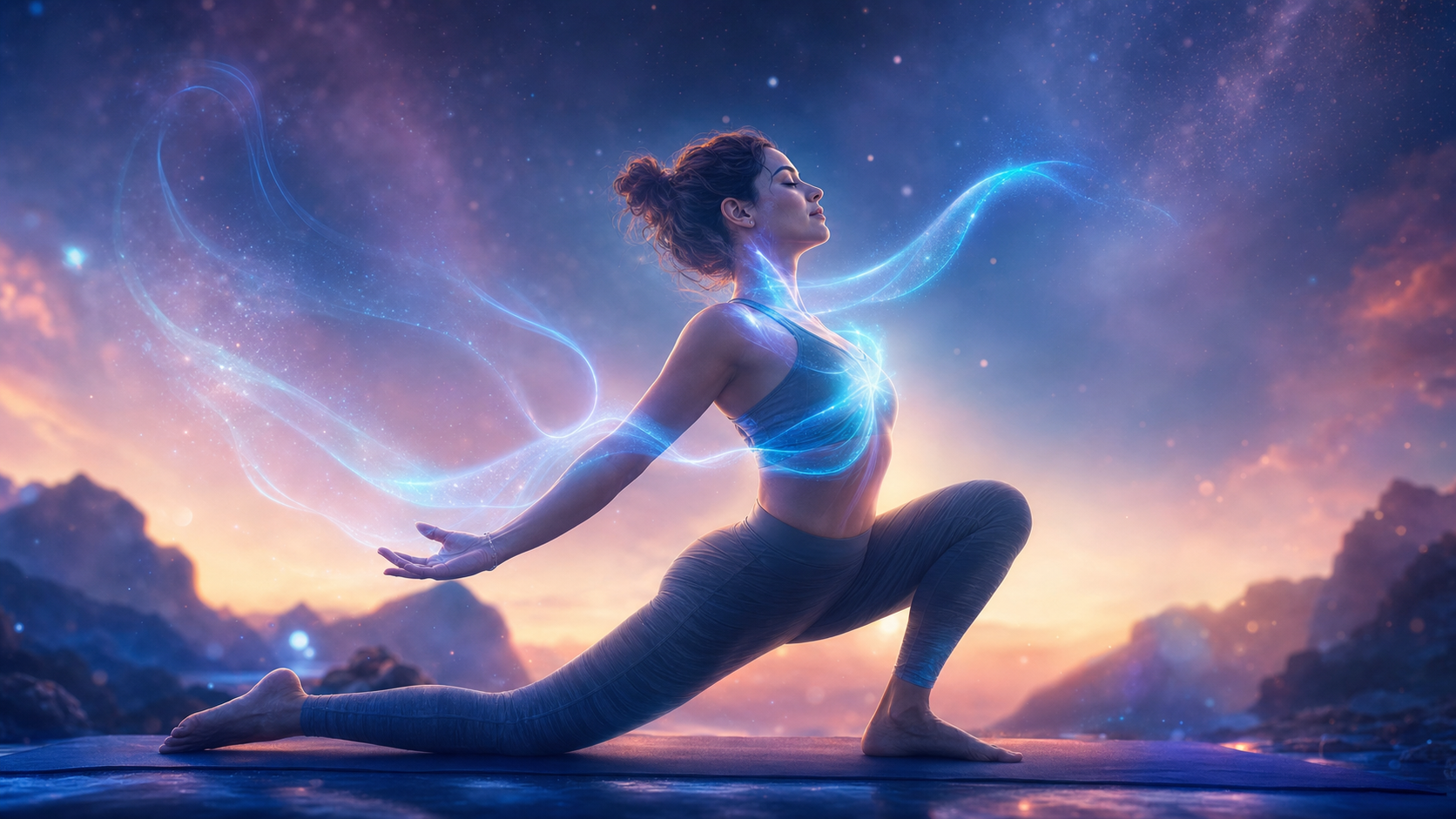 Pregnant woman in yoga lunge at sunset under starry sky, wrapped in glowing blue energy