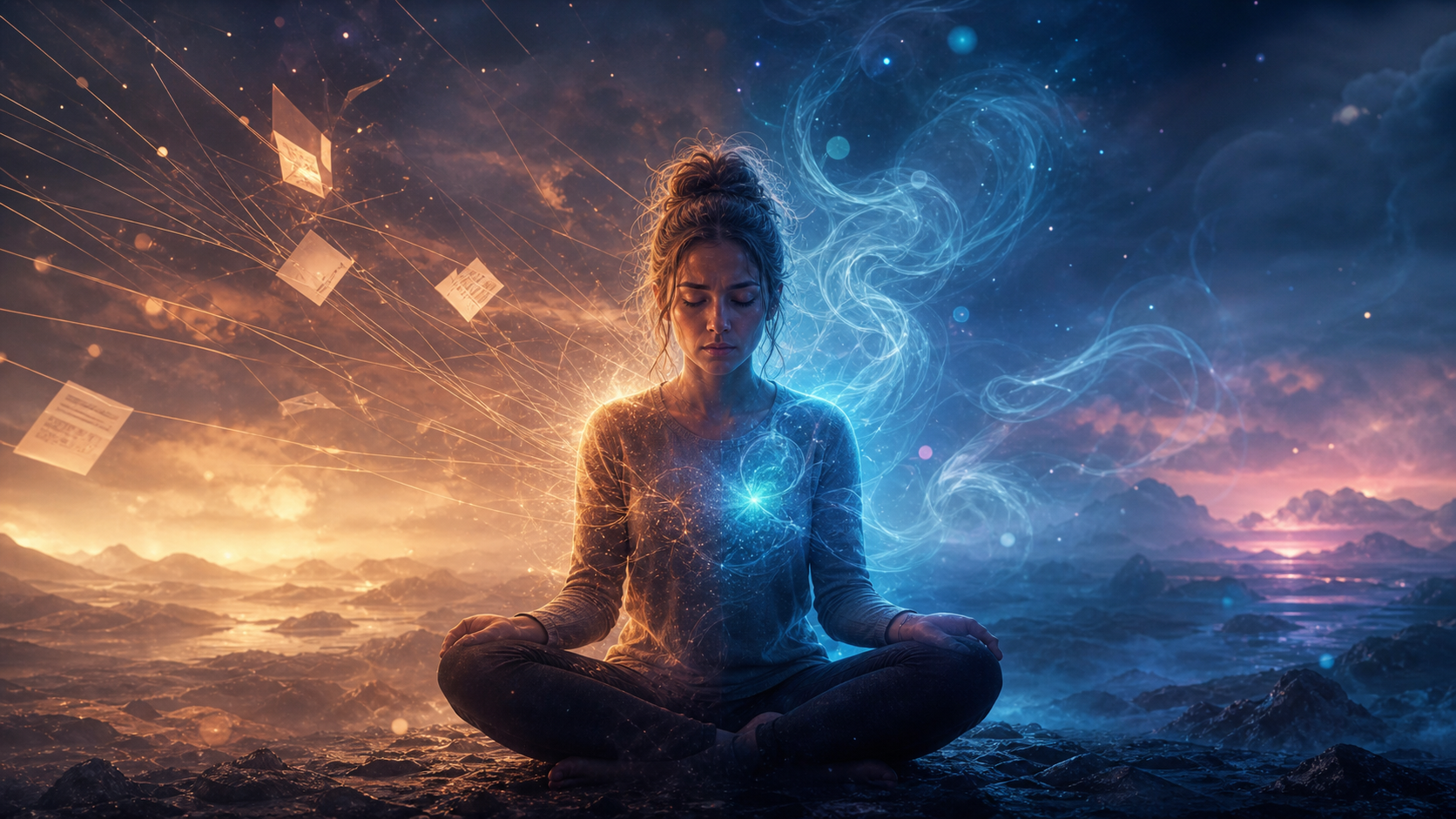 Woman meditating on a rocky shore, glowing with cosmic light between warm sunset and blue night