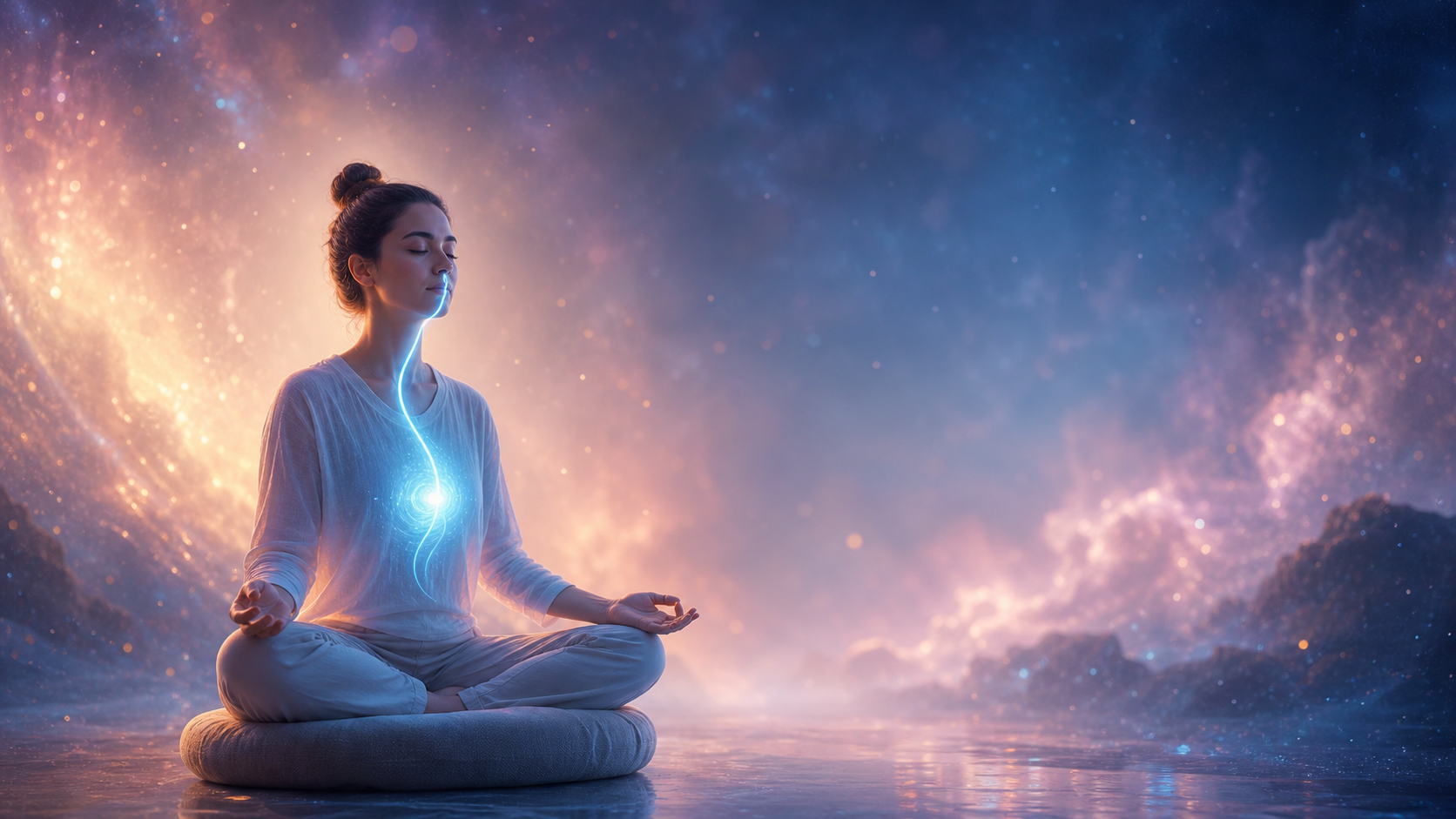 Woman meditating on a cushion with a glowing heart amid a dreamy cosmic landscape