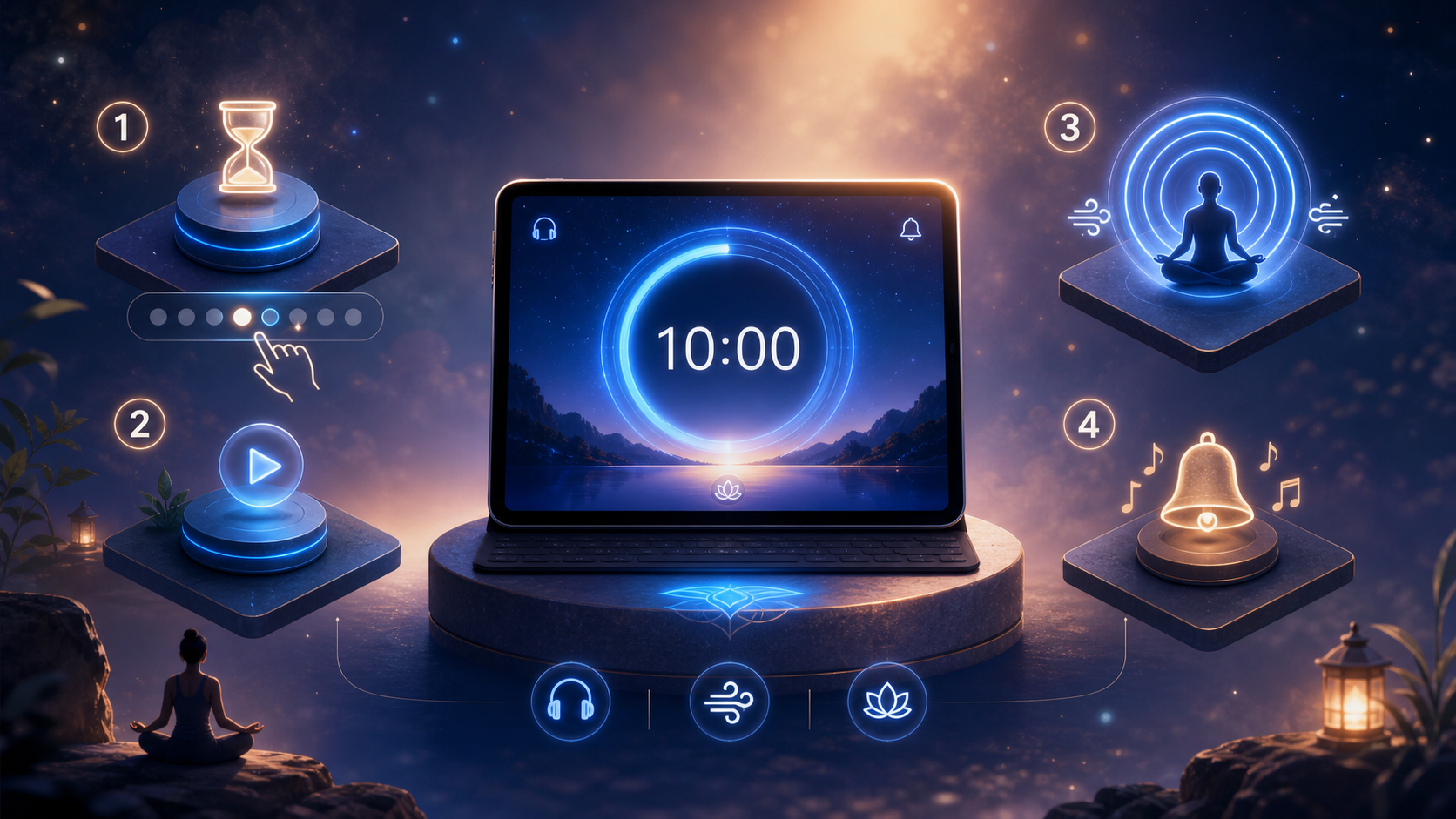 Futuristic tablet alarm setup with 10:00 display, meditation, music, and notification icons in a cosmic scene