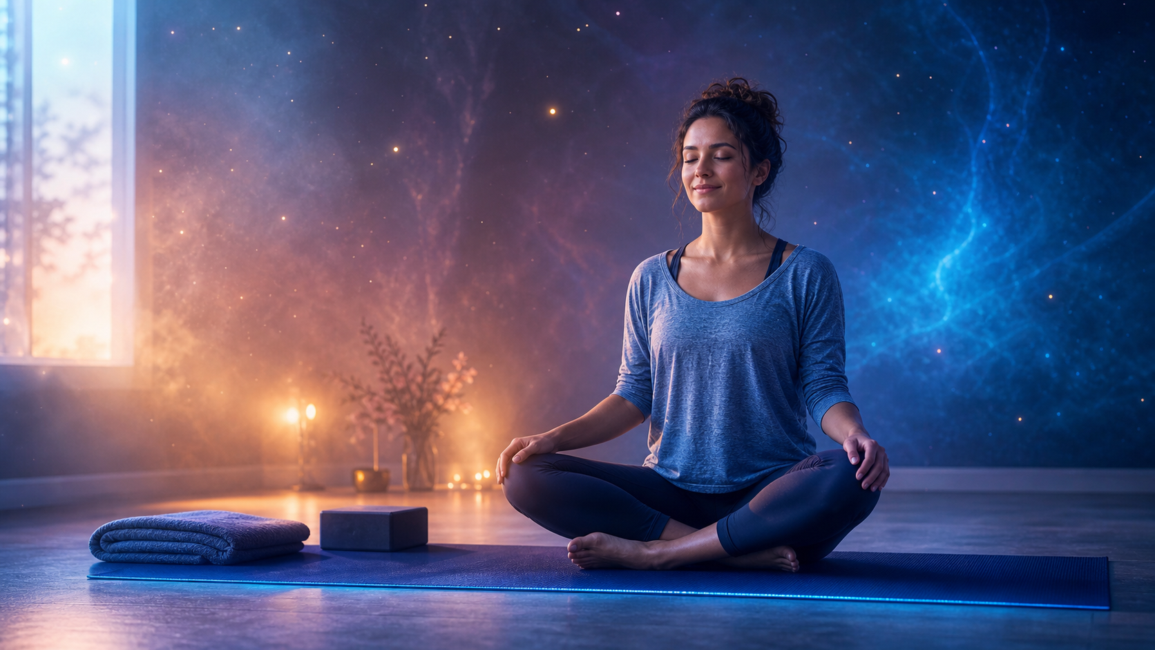 Woman meditating on a yoga mat in a serene room with candles and a cosmic starry backdrop