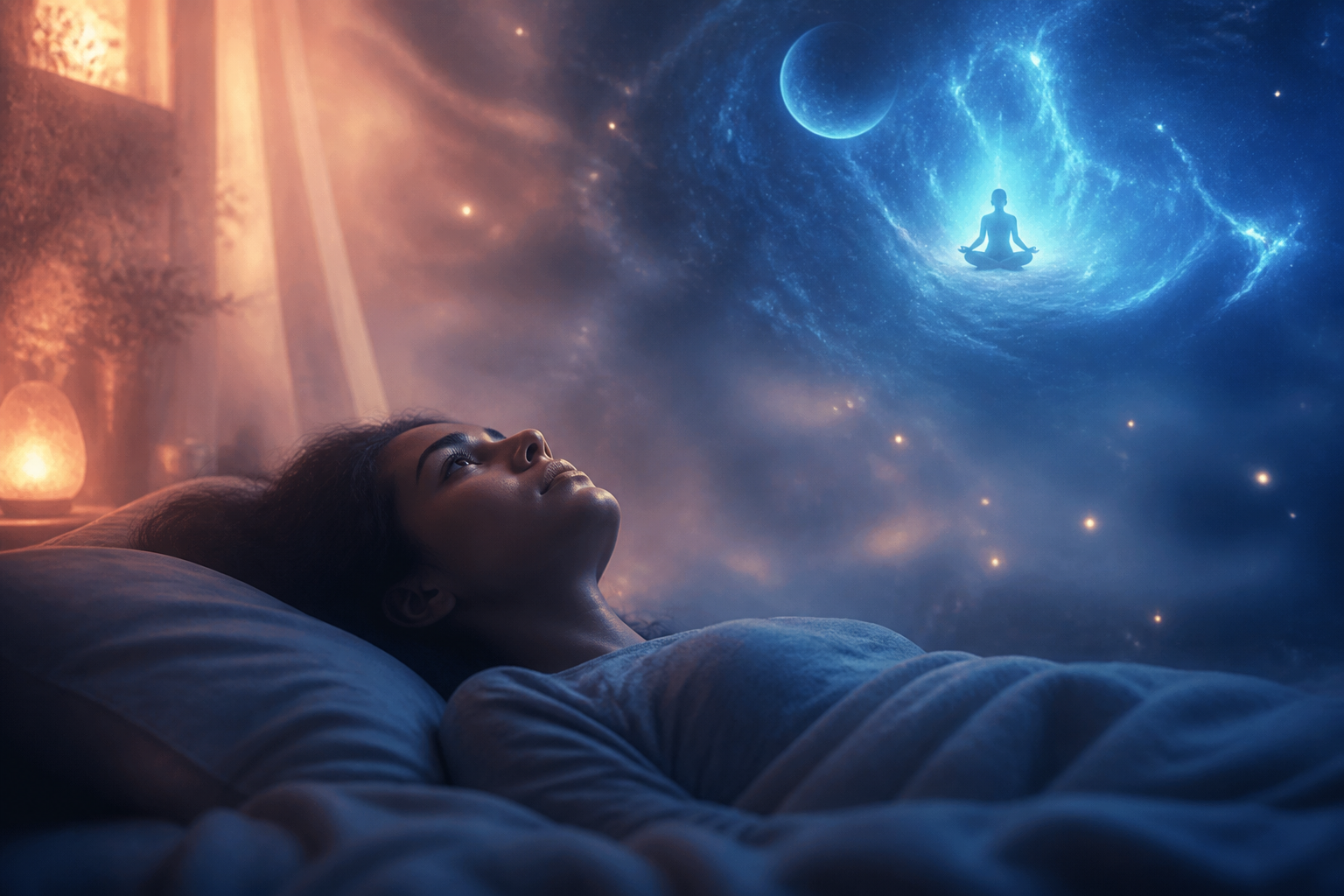 Woman lying in bed gazes at a dreamlike blue galaxy with a moon and meditating figure