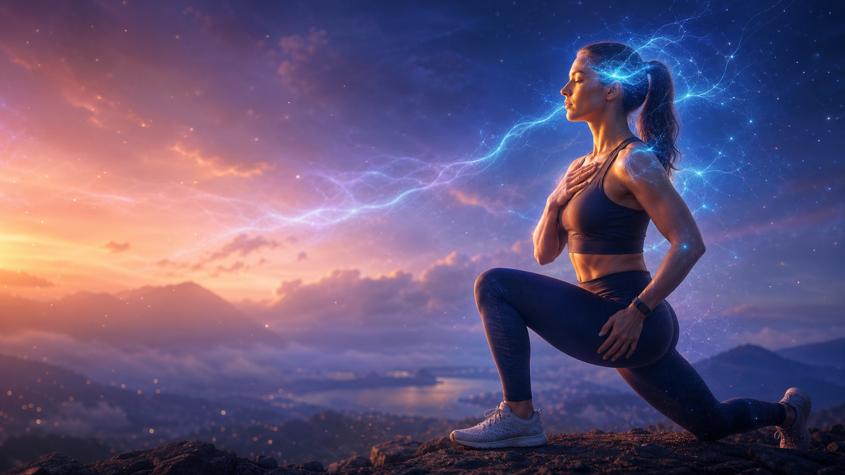 Athletic woman lunges on a mountain at sunset, glowing blue energy around her against a starry sky