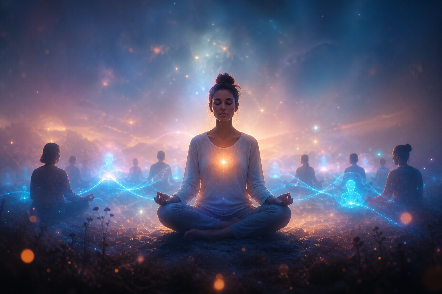 Woman meditating at sunset with glowing heart chakra, blue energy waves, and silhouetted meditators