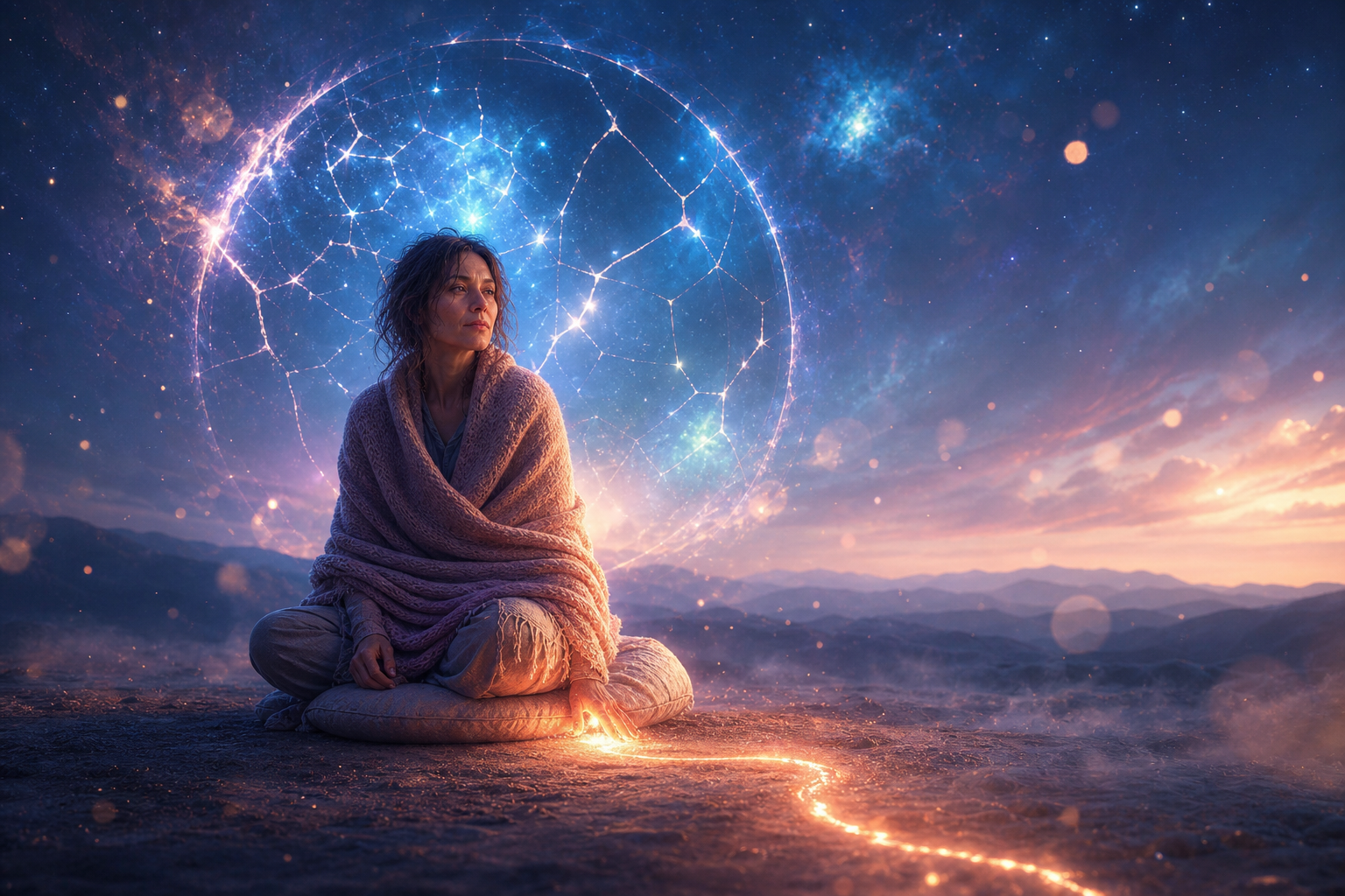 Woman meditates on a mountaintop beneath a glowing cosmic sphere and starry dawn sky