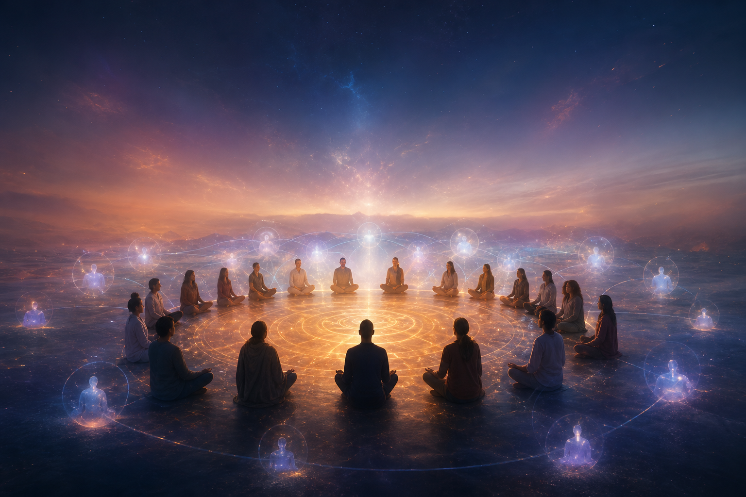 People meditating in a glowing circle under a starry twilight sky with ethereal lights