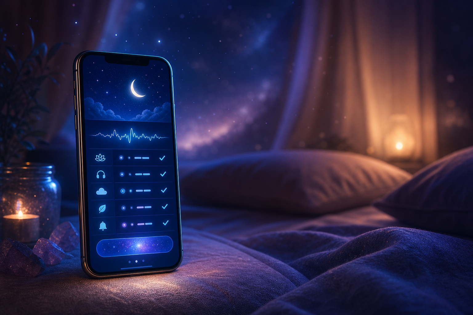 Smartphone with sleep app on a cozy bed at night, glowing under moonlit curtains and candlelight