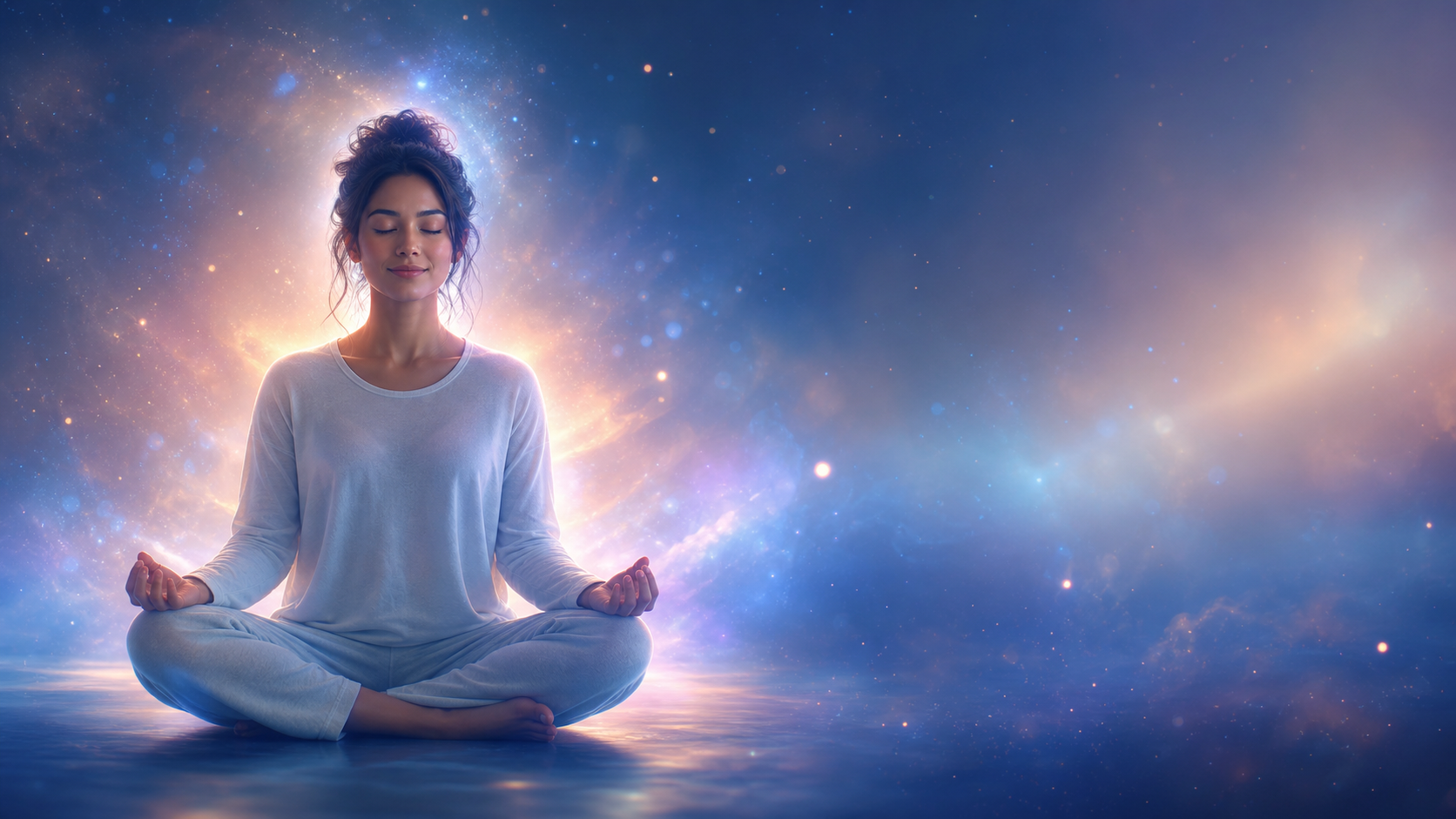 Woman meditating cross-legged in a glowing cosmic space with stars and nebula light