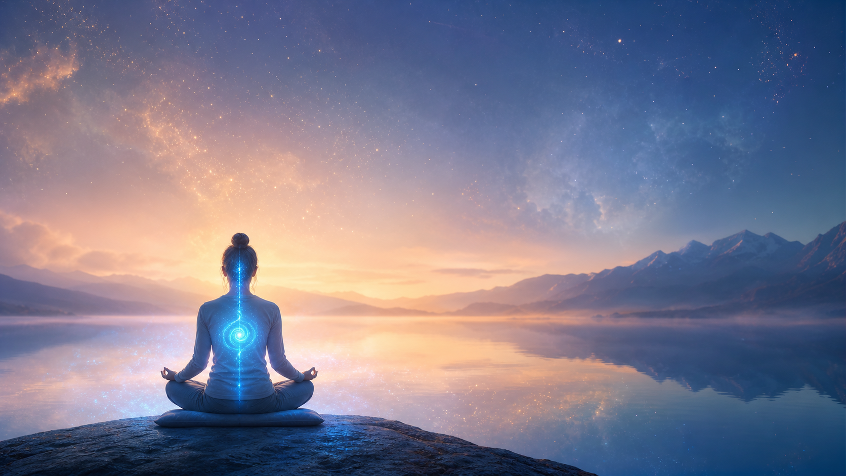 Meditating figure with glowing chakra beside a calm lake under a starry sunrise and mountain horizon