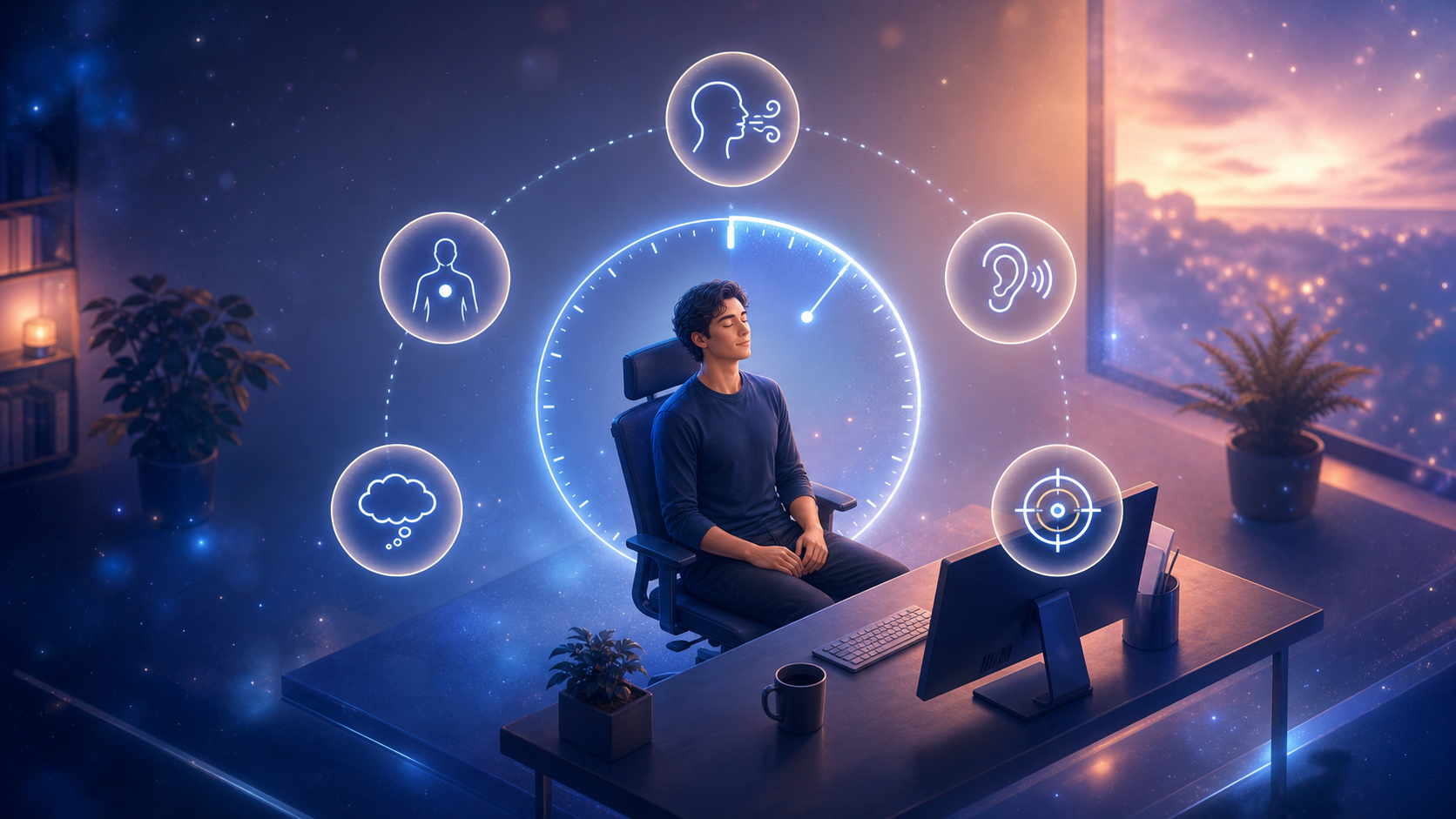 Man in wheelchair at desk surrounded by glowing assistive tech icons in a futuristic room at sunset