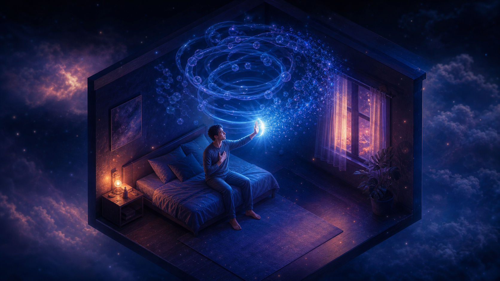 Boy sitting on a bed in a cosmic bedroom, holding a glowing light beneath swirling blue galaxies