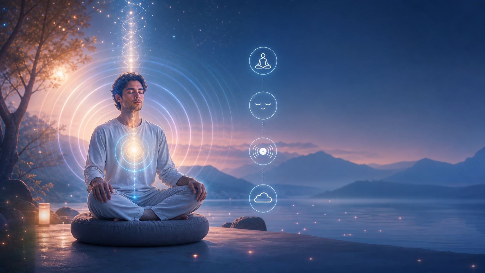 Man meditating by a tranquil lake at dusk, glowing with chakras and wellness icons