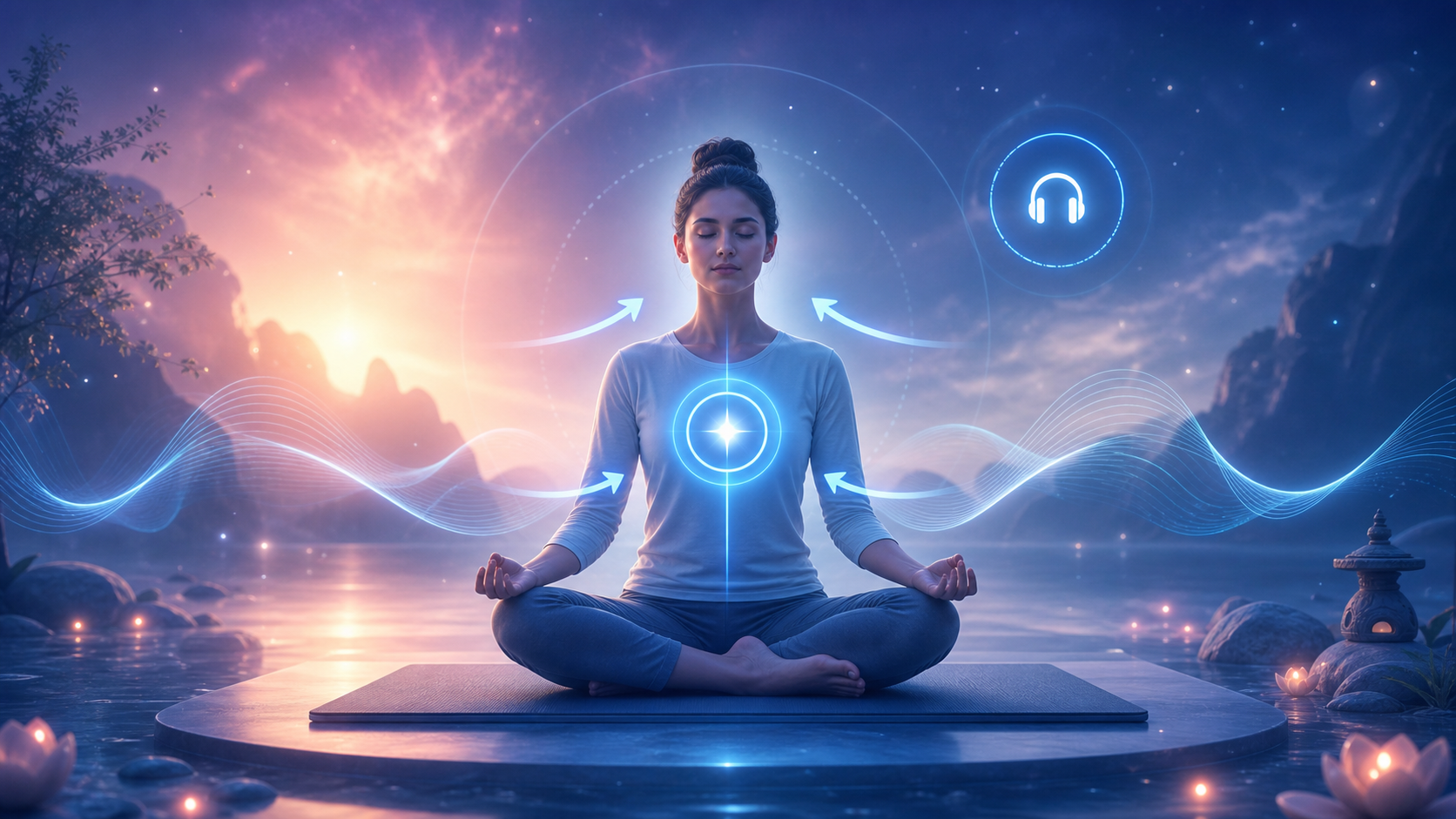 Woman meditating by a serene lake at sunset with glowing energy waves and a headphone icon