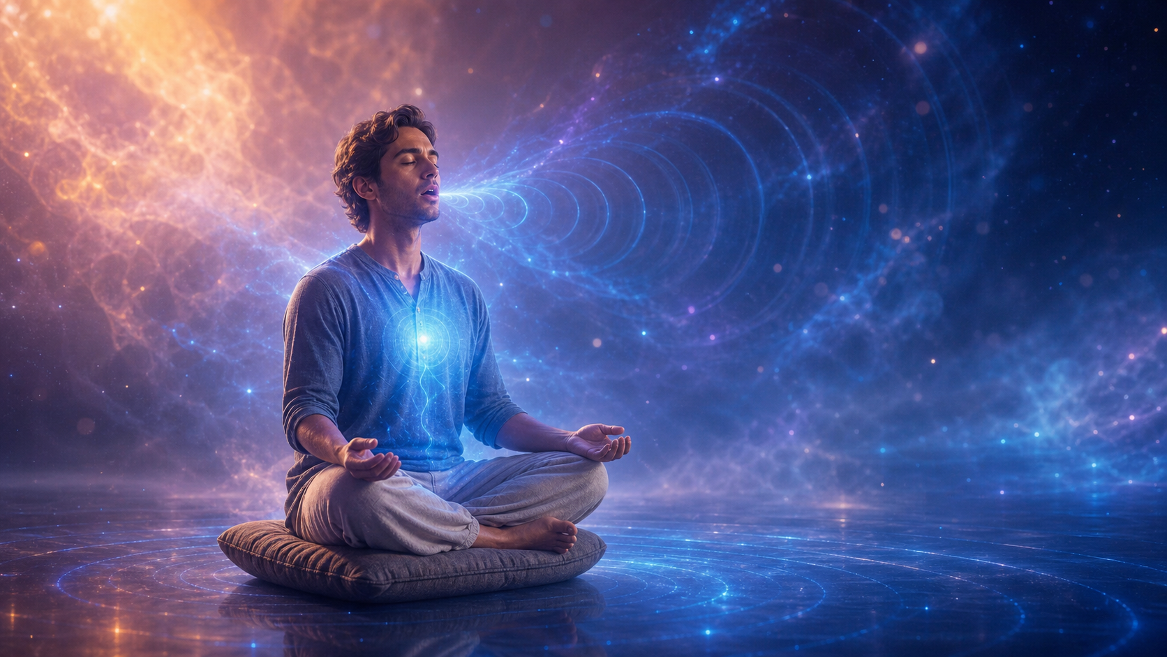 Man meditating on a cushion amid glowing cosmic waves and starlit blue-orange space