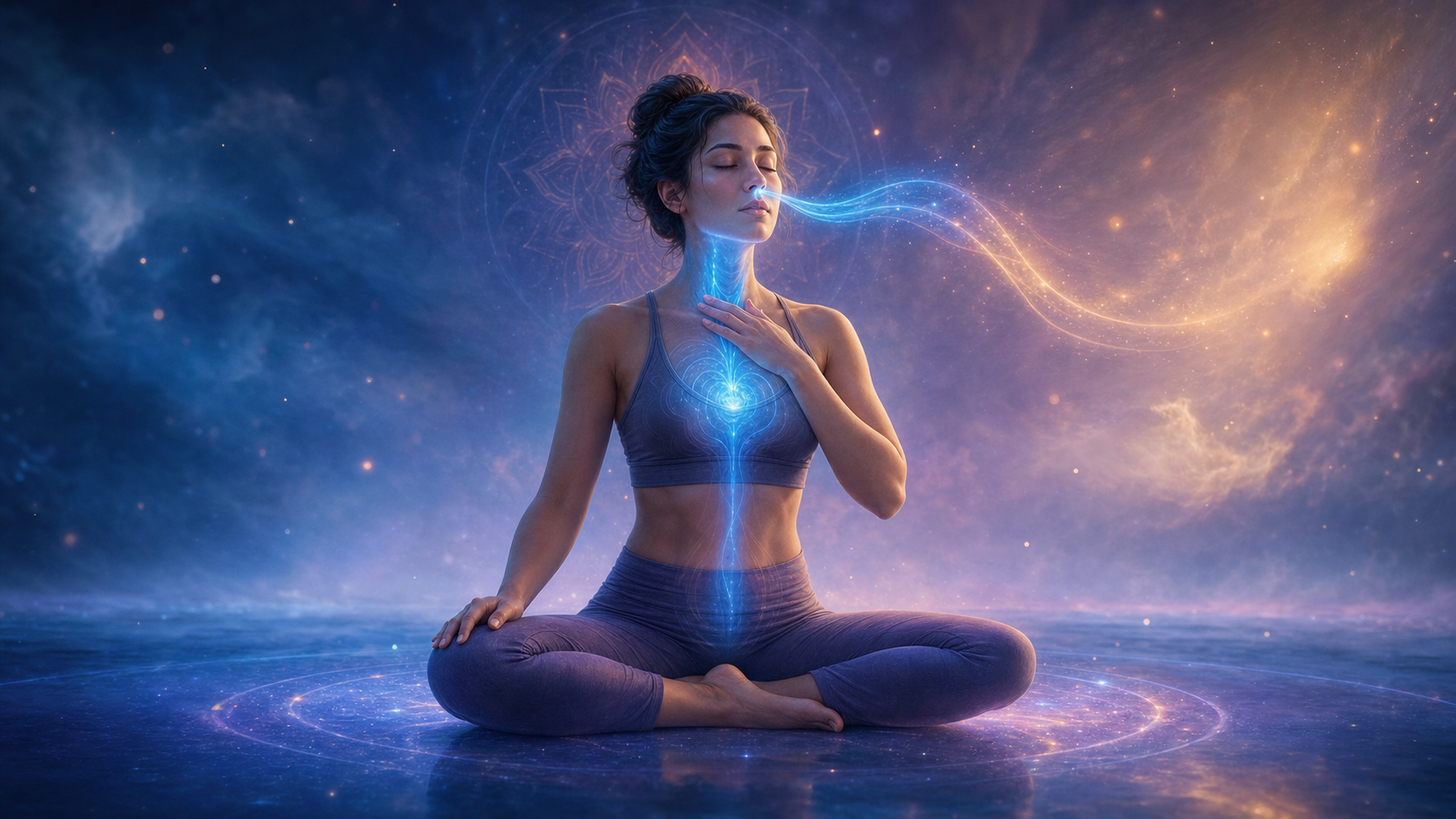 Woman meditating in lotus pose, glowing blue chest energy amid swirling cosmic light