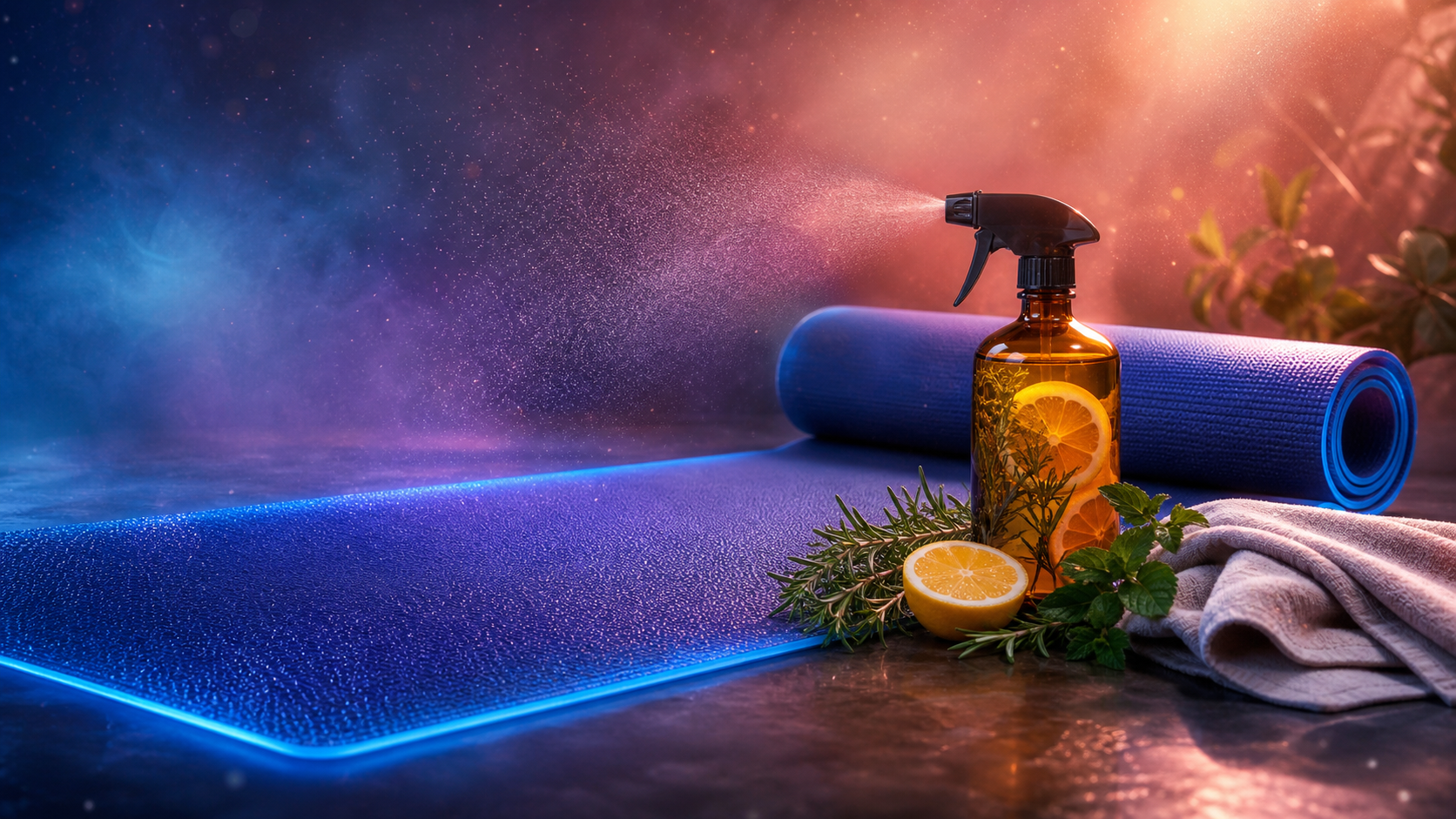 Spa setup with misty spray, citrus oil bottle, yoga mats, herbs, towel, and warm colorful lighting
